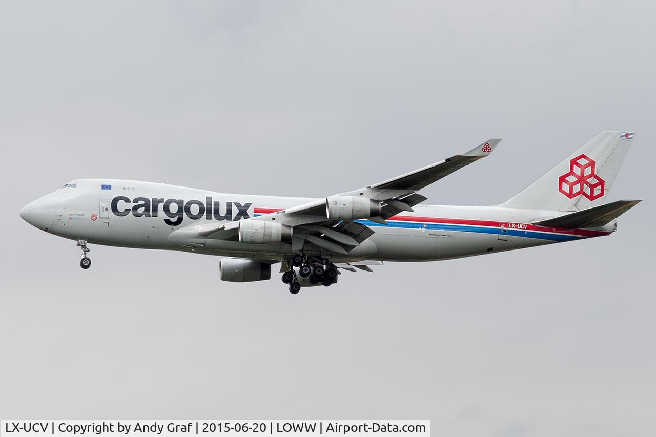 Aircraft LX-UCV, 2004 Boeing 747-4R7F/SCD, c/n 33827 l/n 1345, Cargolux 747-400, at LOWW, photo by Andy Graf