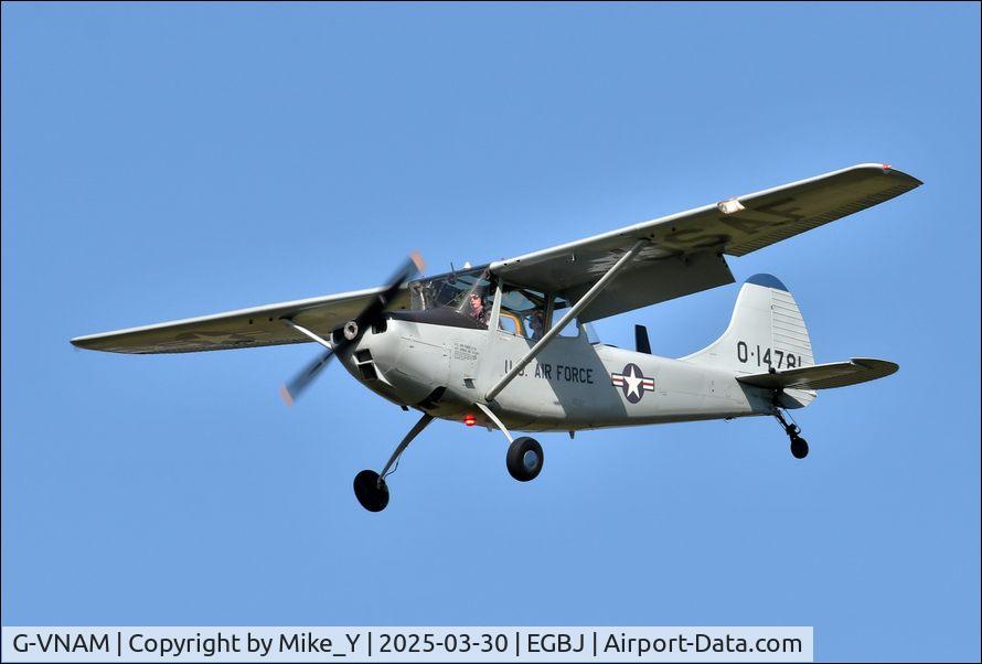 Aircraft G-VNAM, 1951 Cessna L-19A Bird Dog, c/n 21666, 1951 Cessna L-19A Bird Dog arriving at Gloucestershire Airport, at EGBJ, photo by Mike_Y