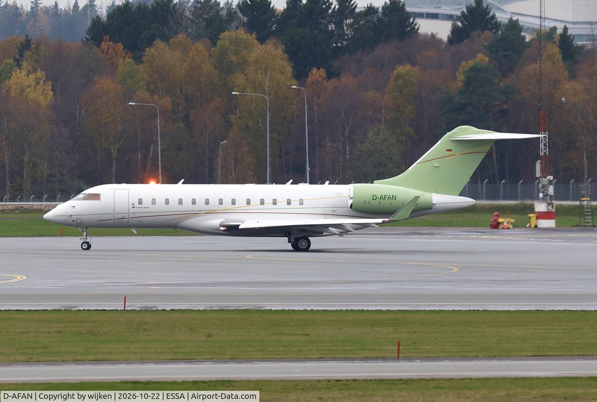 Aircraft D-AFAN, 2011 Bombardier BD-700-1A10 Global 6000, c/n 9471, Ramp M, at ESSA, photo by wijken
