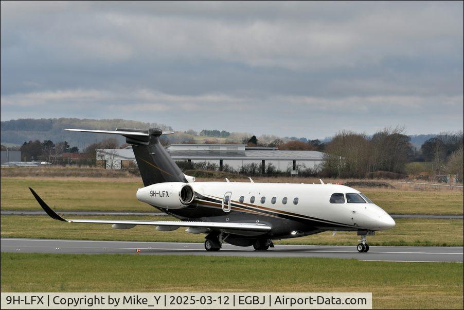 Aircraft 9H-LFX, 2021 Embraer EMB 550 (Praetor 600), c/n 55020154, 2021 Embraer EMB-550 Praetor 600 preparing to depart Gloucestershire Airport, at EGBJ, photo by Mike_Y