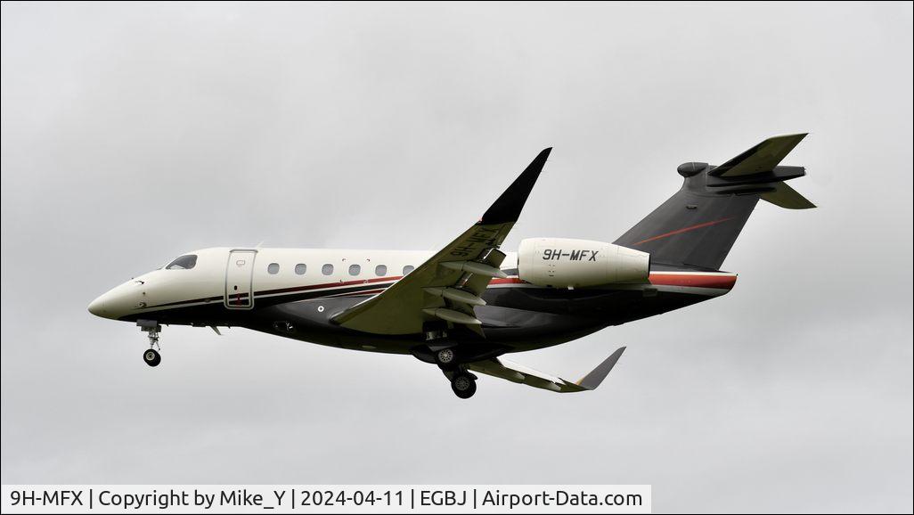 Aircraft 9H-MFX, Embraer EMB-550 Praetor 600, c/n 55020189, 2023 Embraer EMB-550 Praetor 600 arriving at Gloucestershire Airport, at EGBJ, photo by Mike_Y