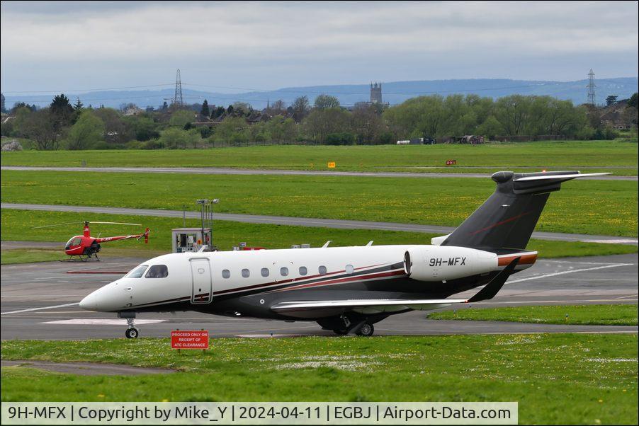 Aircraft 9H-MFX, Embraer EMB-550 Praetor 600, c/n 55020189, 2023 Embraer EMB-550 Praetor 600 arriving at Gloucestershire Airport, at EGBJ, photo by Mike_Y