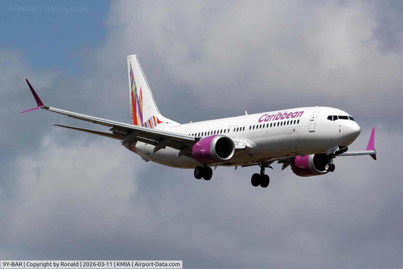 Aircraft 9Y-BAR, 2022 Boeing 737-8 MAX, c/n 62893 l/n 8090, at mia, at KMIA, photo by Ronald