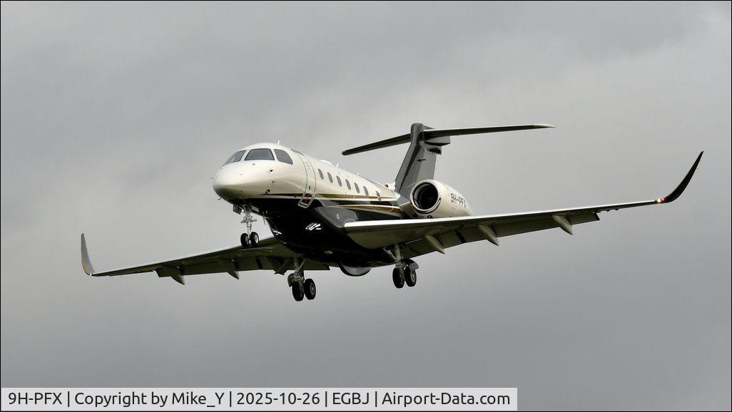 Aircraft 9H-PFX, 2025 Embraer EMB-550 Praetor 600, c/n 55020243, 2025 Embraer EMB-550 Praetor 600 arriving at Gloucestershire Airport, at EGBJ, photo by Mike_Y