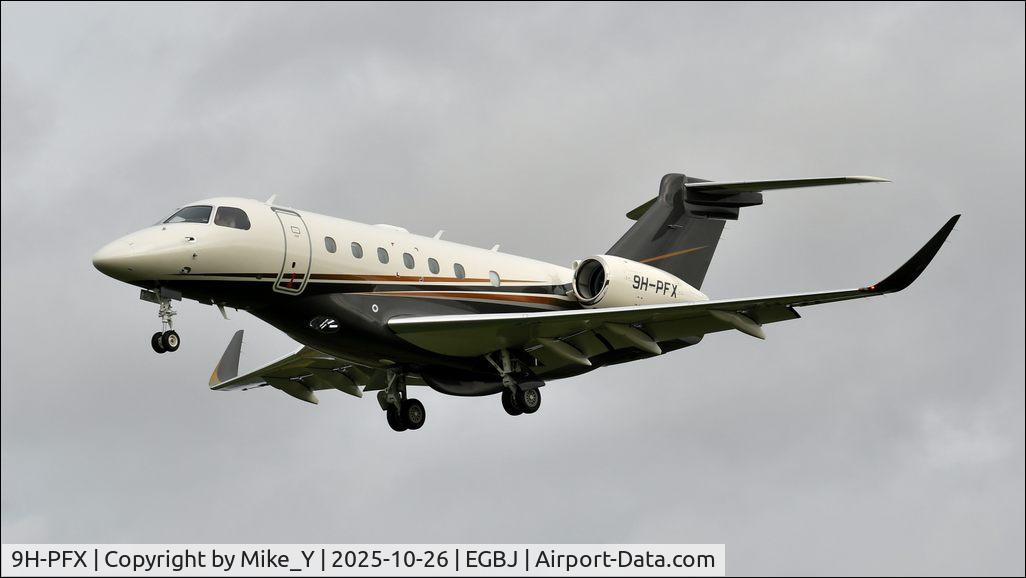 Aircraft 9H-PFX, 2025 Embraer EMB-550 Praetor 600, c/n 55020243, 2025 Embraer EMB-550 Praetor 600 arriving at Gloucestershire Airport, at EGBJ, photo by Mike_Y