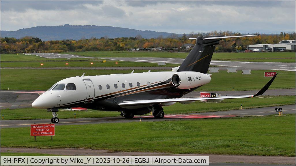 Aircraft 9H-PFX, 2025 Embraer EMB-550 Praetor 600, c/n 55020243, 2025 Embraer EMB-550 Praetor 600 at Gloucestershire Airport, at EGBJ, photo by Mike_Y