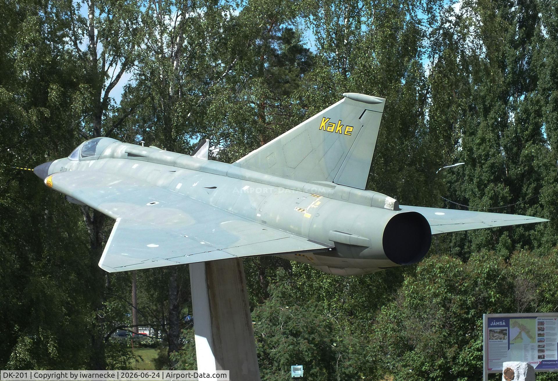 Aircraft DK-201, Saab J-35XS Draken, c/n 35-1301, SAAB 35S Draken at the intersection leading to the Hallinportti Ilmailumuseo (Halli Aviation Museum), Halli-Kuorevesi, photo by iwarnecke