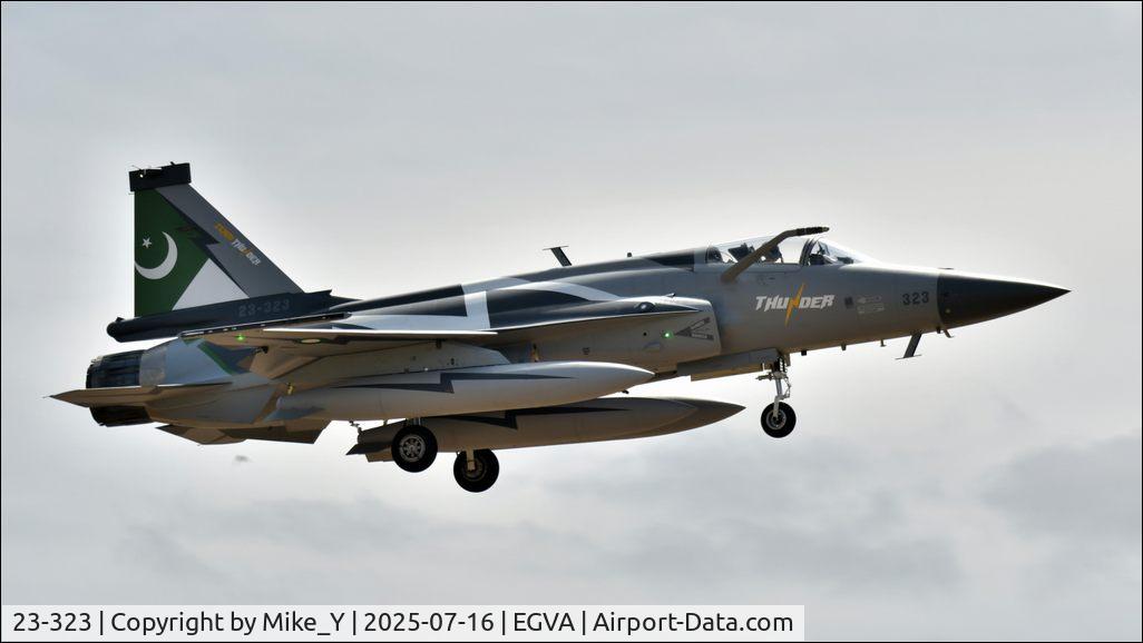 Aircraft 23-323, Chengdu JF-17, c/n FC1C0323, Chengdu JF-17 Thunder of the Pakistan Air Force arriving at Fairford for RIAT 2025, at EGVA, photo by Mike_Y