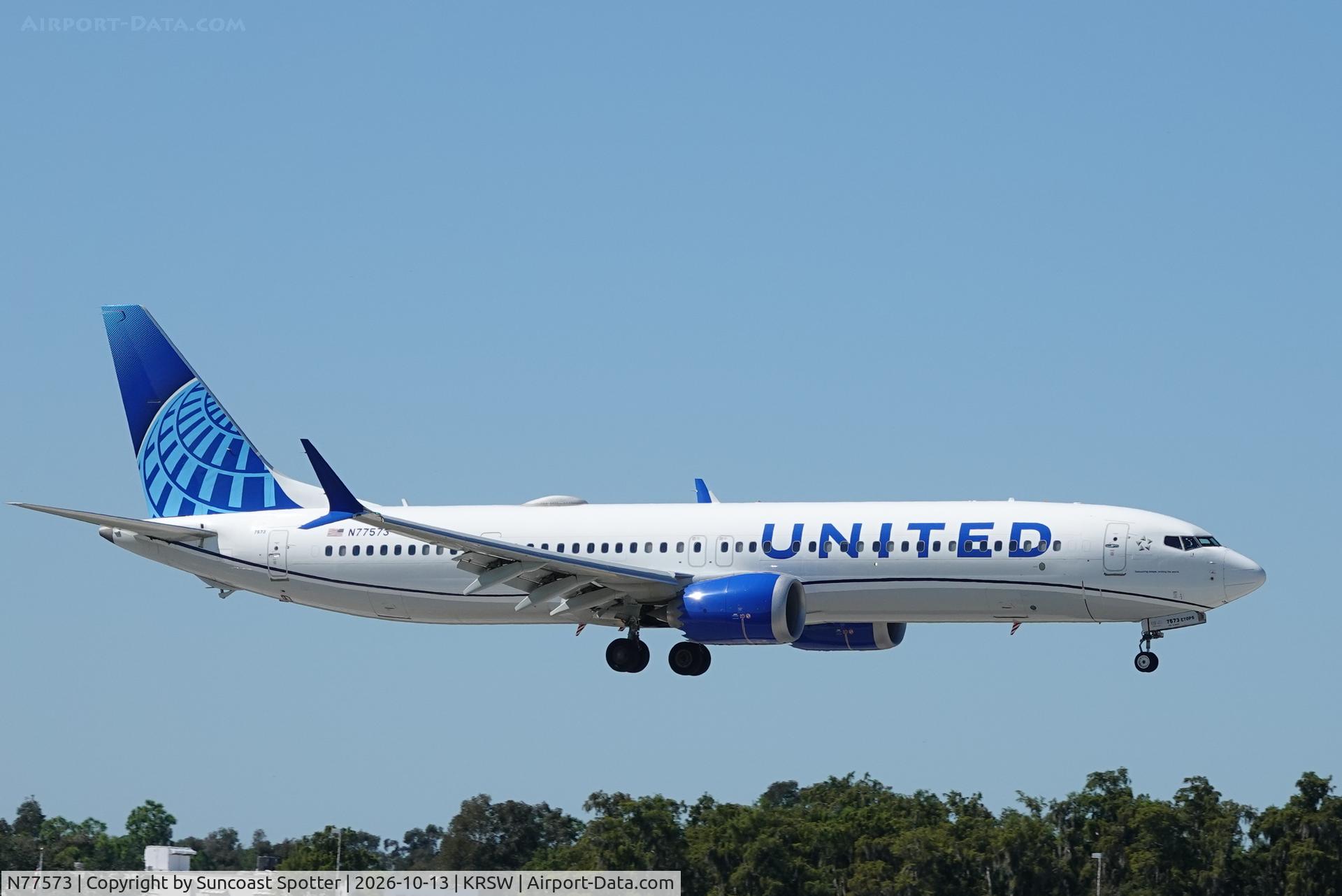Aircraft N77573, 2023 Boeing 737-9 MAX, c/n 67603 l/n 8707, United 1810 arrives at Southwest Florida International Airport following flight from Newark-Liberty International Airport, at KRSW, photo by Suncoast Spotter