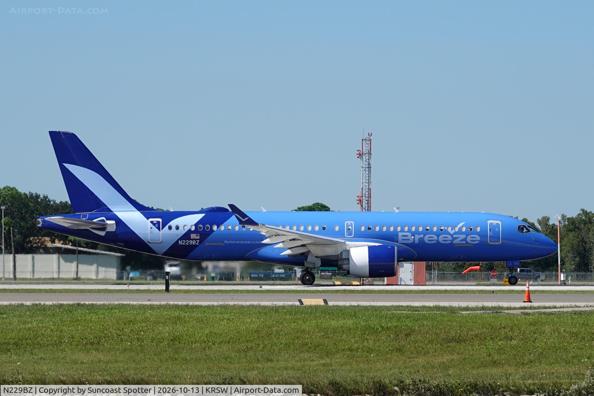 Aircraft N229BZ, 2024 Airbus A220-371, c/n 55257 l/n 229, Moxy 303 departs Southwest Florida International Airport enroute to Richmond International Airport, at KRSW, photo by Suncoast Spotter