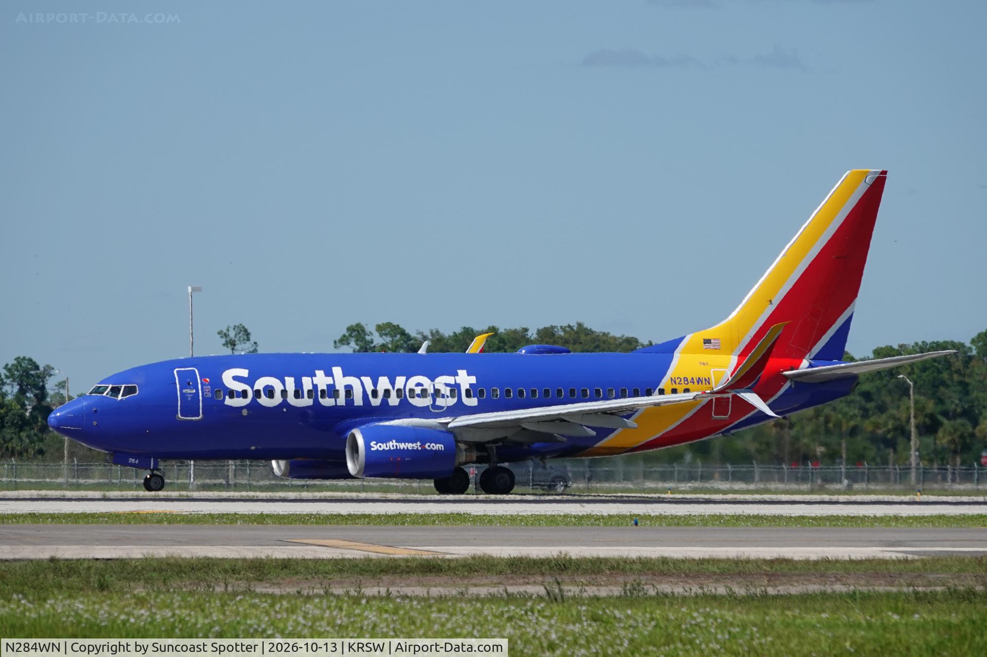 Aircraft N284WN, 2007 Boeing 737-7H4, c/n 32535, Southwest 1507 departs Southwest Florida International Airport enroute to Milwaukee-Mitchell International Airport, at KRSW, photo by Suncoast Spotter