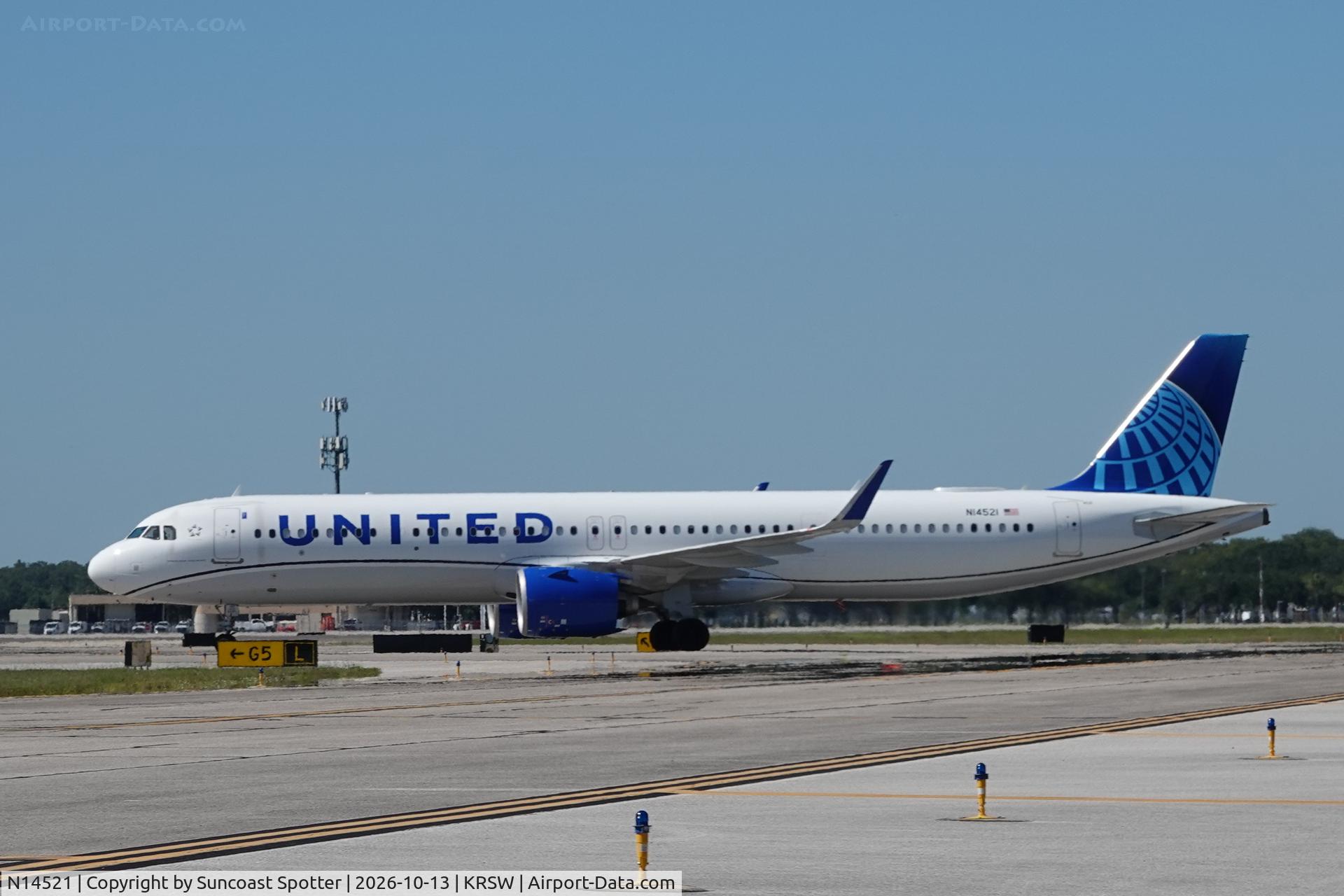 Aircraft N14521, 2024 Airbus A321- 271NX NEO, c/n 12175, United 2137 arrives at Southwest Florida International Airport following flight from Chicago-O’Hare International Airport, at KRSW, photo by Suncoast Spotter