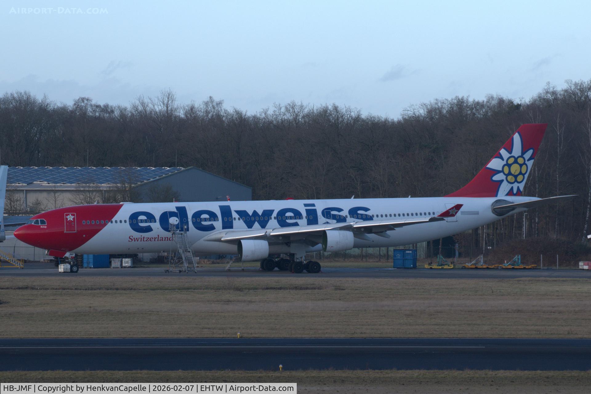 Aircraft HB-JMF, 2003 Airbus A340-313X, c/n 561, Airbus A340-313 of Edelweiss Air at Twente, for demolition by AELS, at EHTW, photo by HenkvanCapelle