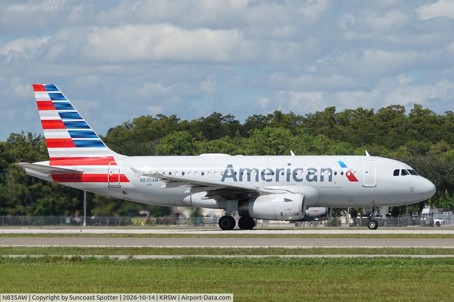 Aircraft N835AW, 2005 Airbus A319-132, c/n 2458, American 2365 departs Southwest Florida International Airport enroute to Philadelphia International Airport, at KRSW, photo by Suncoast Spotter