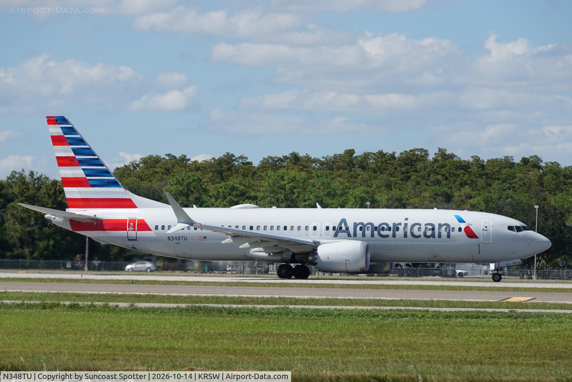 Aircraft N348TU, 2024 Boeing 737 Max 8, c/n 44492 l/n 8934, American 2740 departs Southwest Florida International Airport enroute to Dallas-Fort Worth International Airport, at KRSW, photo by Suncoast Spotter