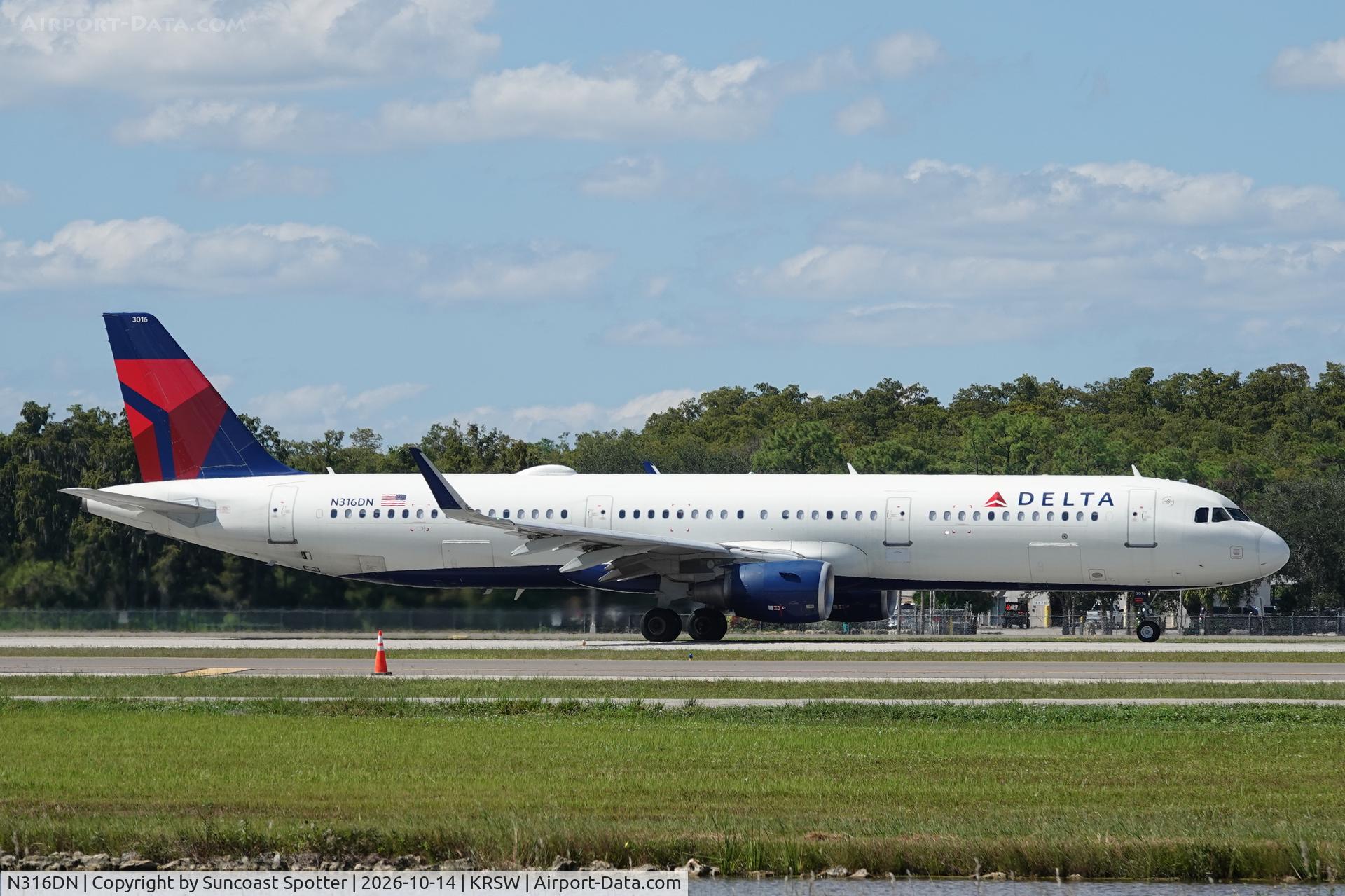 Aircraft N316DN, 2017 Airbus A321-211, c/n 7327, Delta 2400 departs Southwest Florida International Airport enroute to Minneapolis-St Paul International Airport, at KRSW, photo by Suncoast Spotter