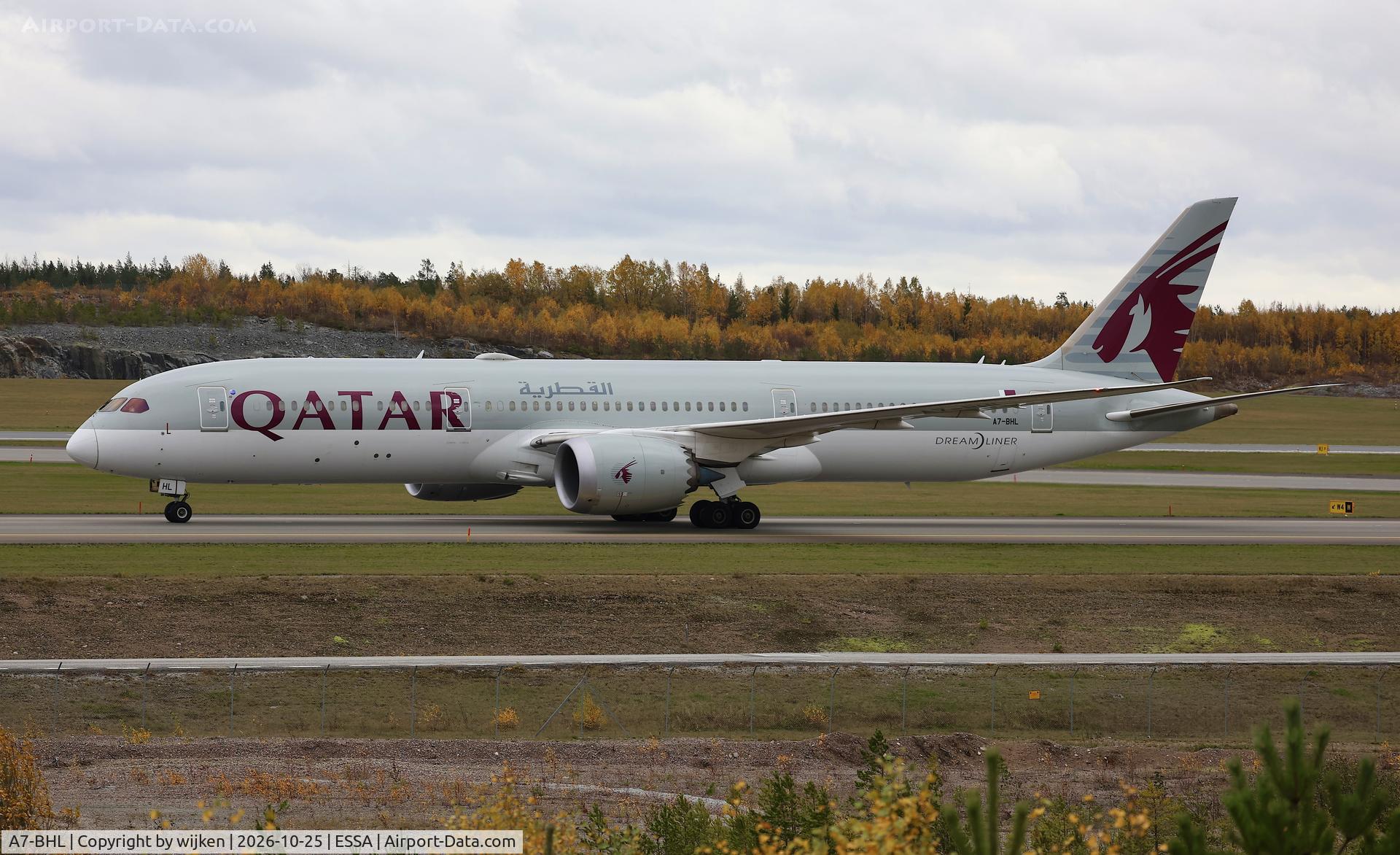 Aircraft A7-BHL, 2020 Boeing 787 9 Dreamliner, c/n 64213 l/n 1069, Twy W, at ESSA, photo by wijken
