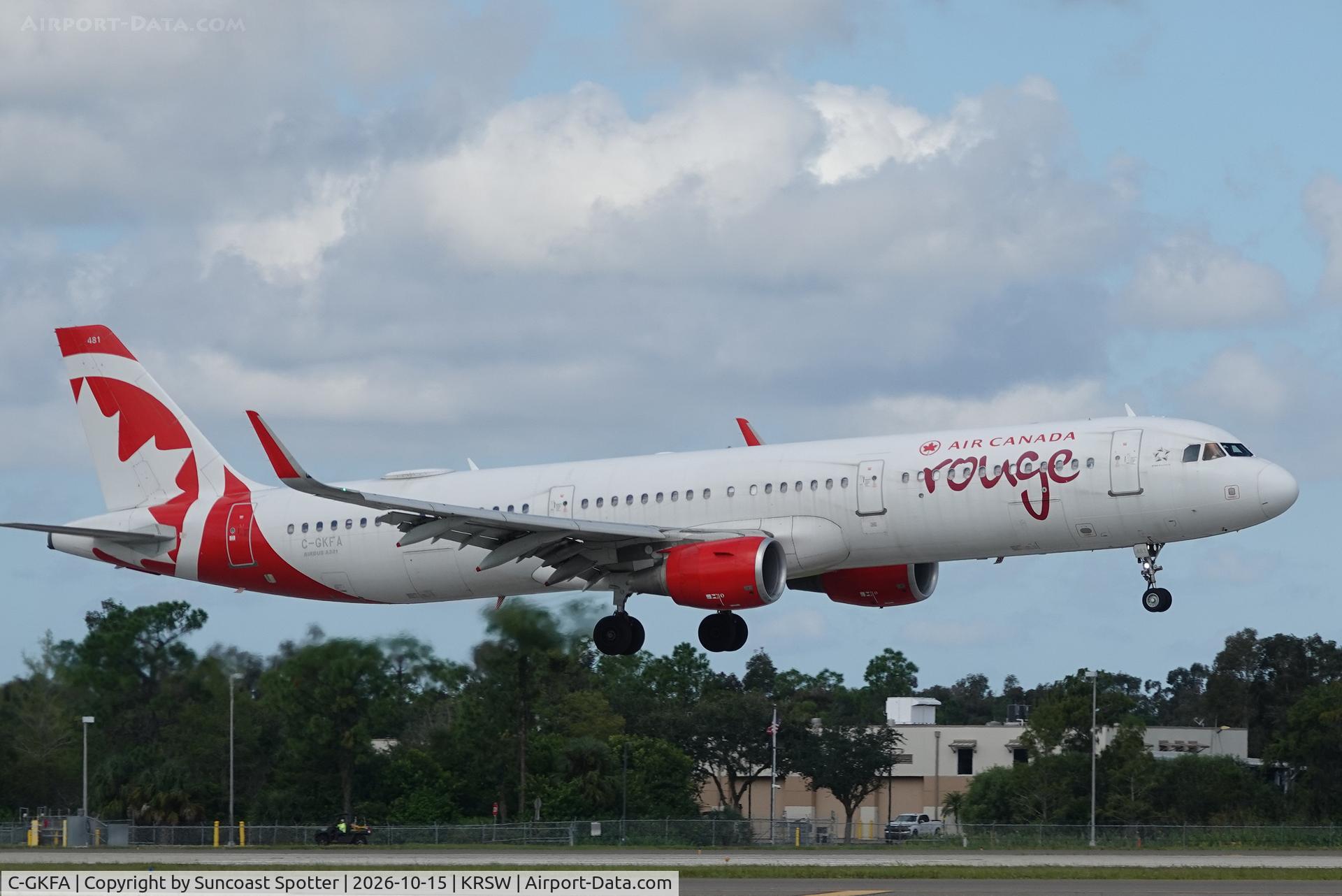 Aircraft C-GKFA, 2018 Airbus A321-211, c/n 8104, Rouge 1664 arrives at Southwest Florida International Airport following flight from Toronto-Pearson International Airport, at KRSW, photo by Suncoast Spotter