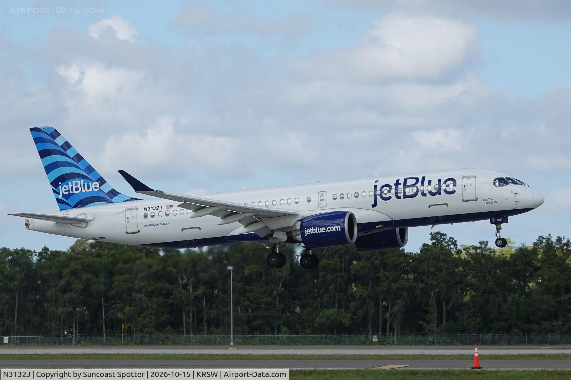 Aircraft N3132J, 2023 Airbus A220-371, c/n 55214, JetBlue 2129 arrives at Southwest Florida International Airport following flight from John F Kennedy International Airport, at KRSW, photo by Suncoast Spotter