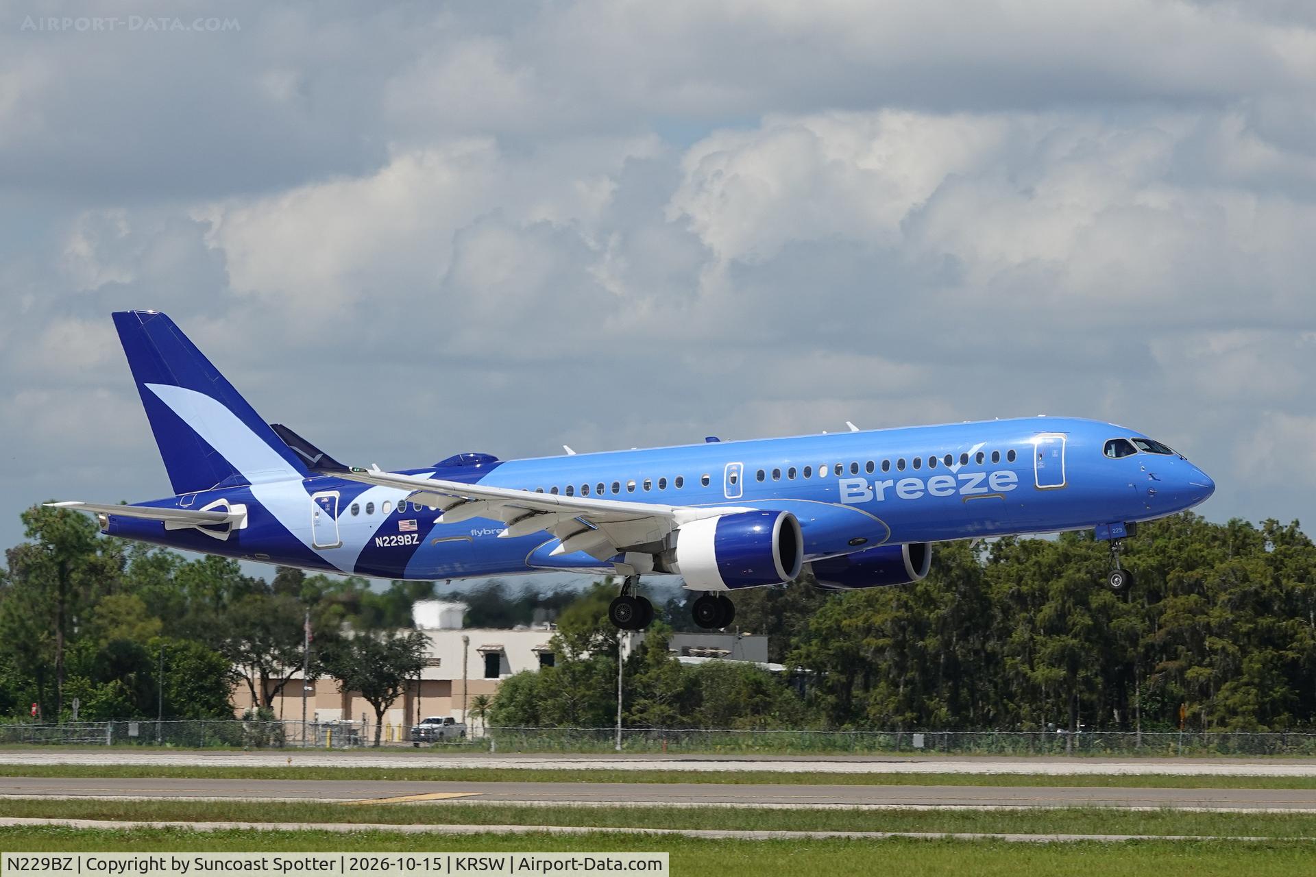 Aircraft N229BZ, 2024 Airbus A220-371, c/n 55257 l/n 229, Moxy 311 arrives at Southwest Florida International Airport following flight from Portland International Jetport, at KRSW, photo by Suncoast Spotter