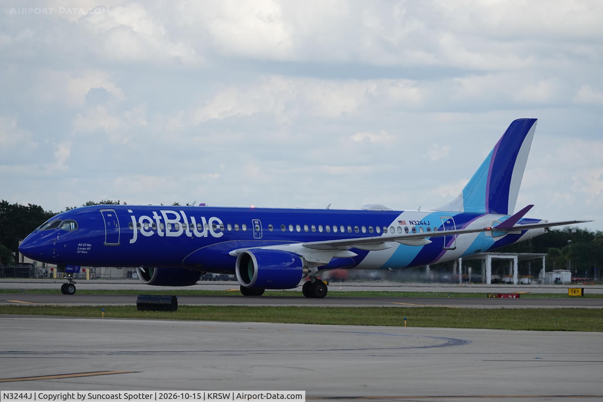 Aircraft N3244J, 2024 Airbus A220-300, c/n 55320, JetBlue 1165 taxis to gate at Southwest Florida International Airport following flight from Boston-Logan International Airport, at KRSW, photo by Suncoast Spotter