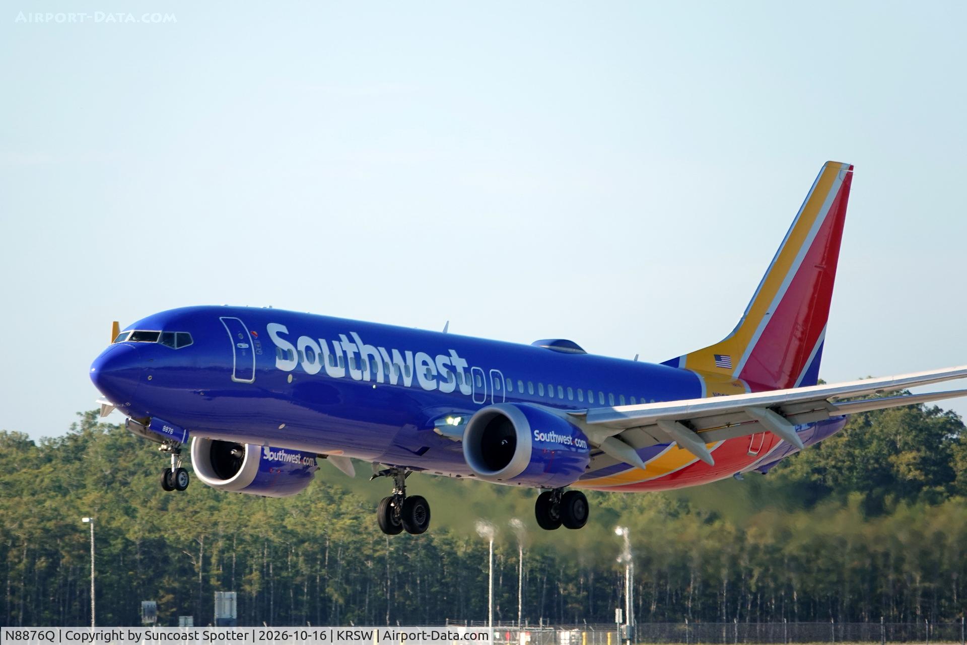 Aircraft N8876Q, 2023 Boeing 737-8 MAX, c/n 67916 l/n 8616, Southwest 1110 arrives at Southwest Florida International Airport following flight from St Louis-Lambert International Airport, at KRSW, photo by Suncoast Spotter