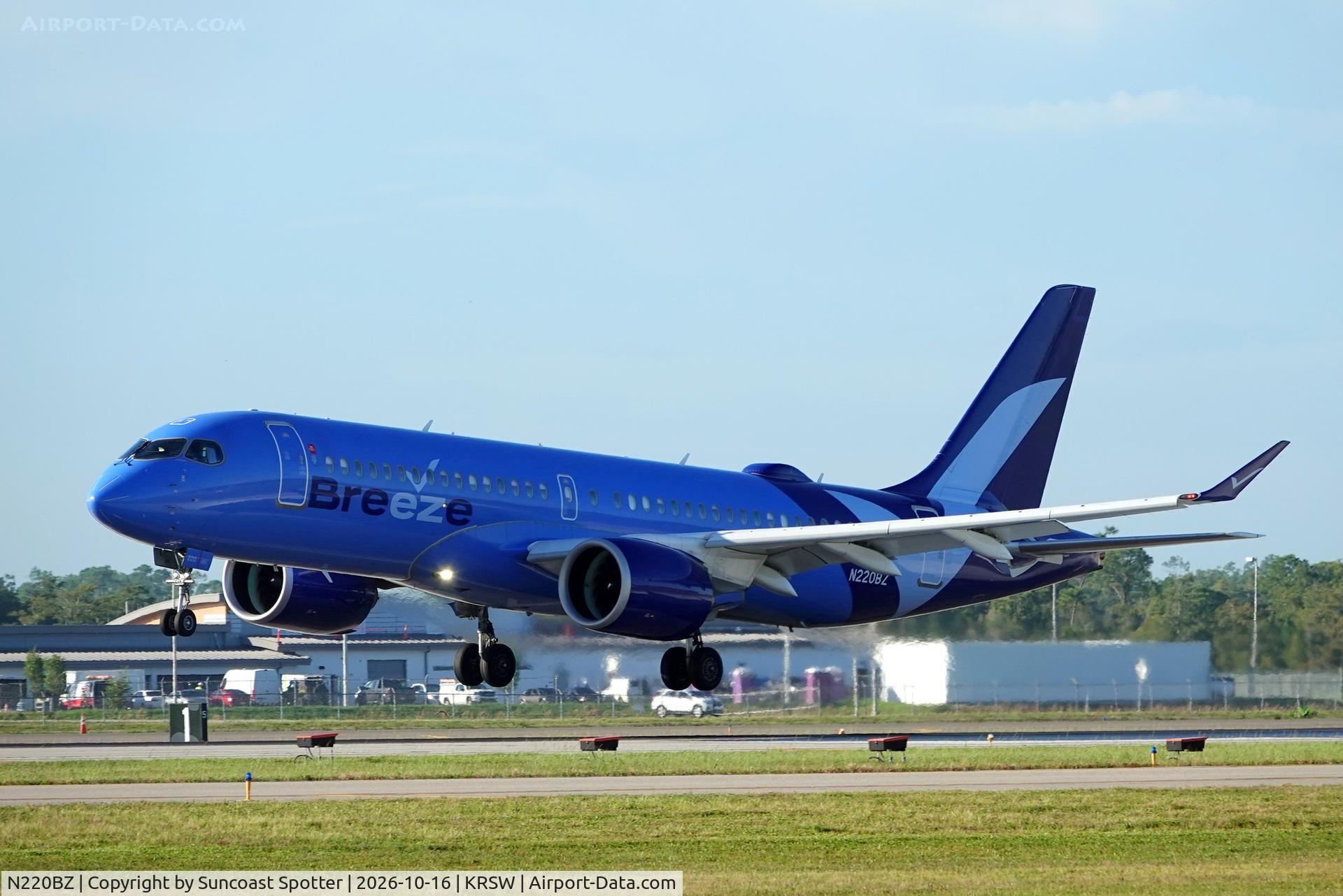 Aircraft N220BZ, 2023 Airbus A220-371, c/n 55202, Moxy 712 arrives at Southwest Florida International Airport following flight from TF Green Airport, at KRSW, photo by Suncoast Spotter
