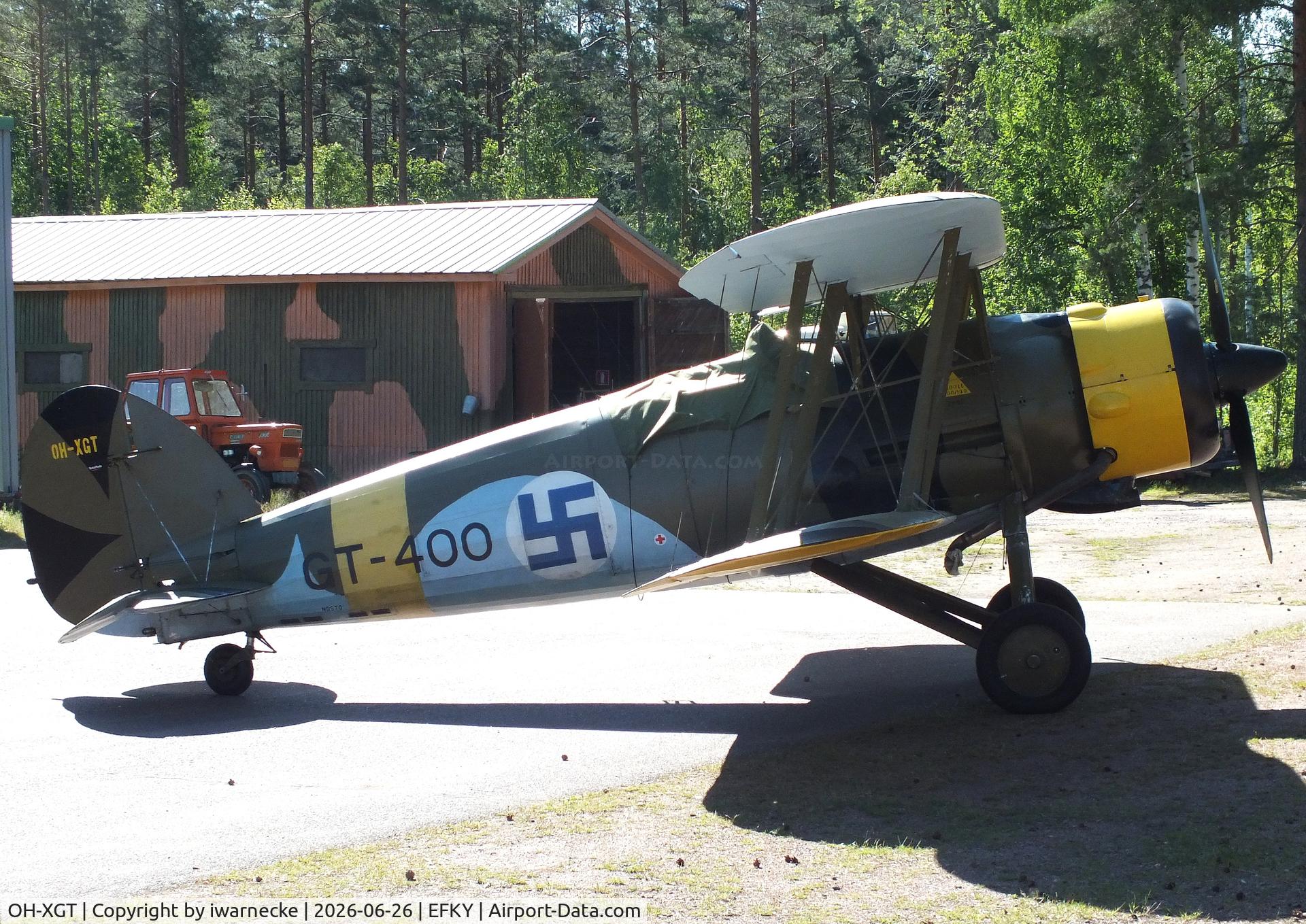 Aircraft OH-XGT, 1936 Gloster Gauntlet Mk.II, c/n G5/35957, Gloster Gauntlet II at the Karhulan ilmailukerhon lentomuseo (Karhula Aero Club Flying Museum), Kymi airfield, Kotka, at EFKY, photo by iwarnecke