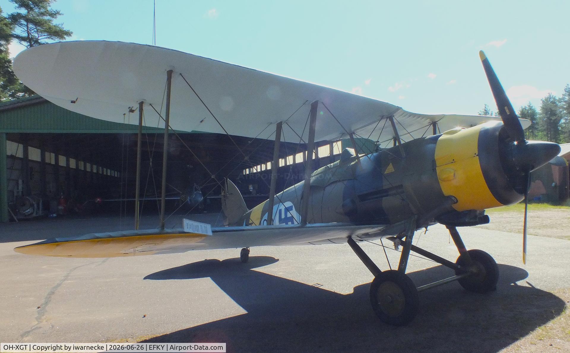 Aircraft OH-XGT, 1936 Gloster Gauntlet Mk.II, c/n G5/35957, Gloster Gauntlet II at the Karhulan ilmailukerhon lentomuseo (Karhula Aero Club Flying Museum), Kymi airfield, Kotka, at EFKY, photo by iwarnecke