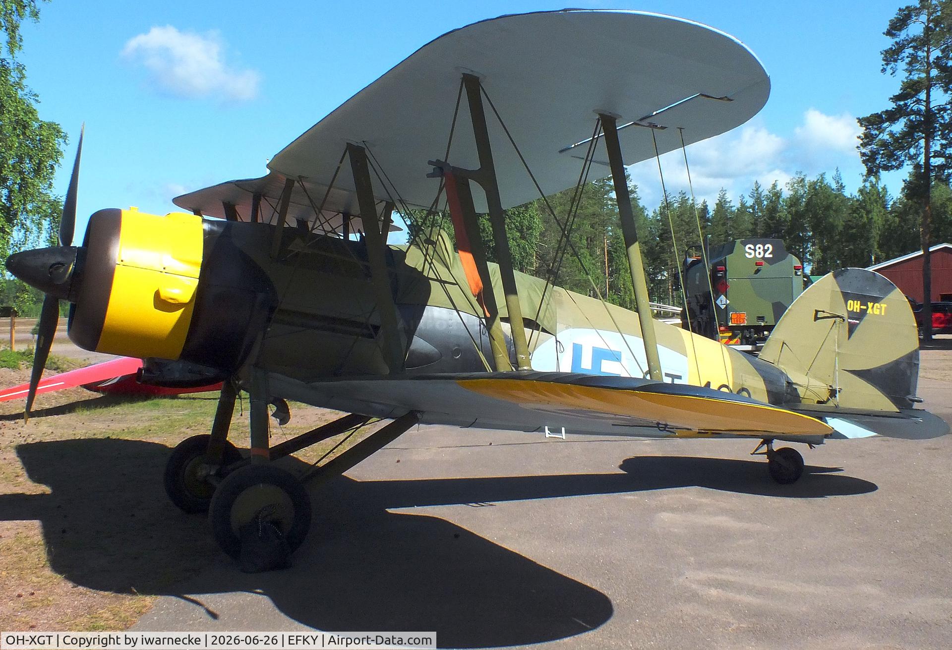 Aircraft OH-XGT, 1936 Gloster Gauntlet Mk.II, c/n G5/35957, Gloster Gauntlet II at the Karhulan ilmailukerhon lentomuseo (Karhula Aero Club Flying Museum), Kymi airfield, Kotka, at EFKY, photo by iwarnecke