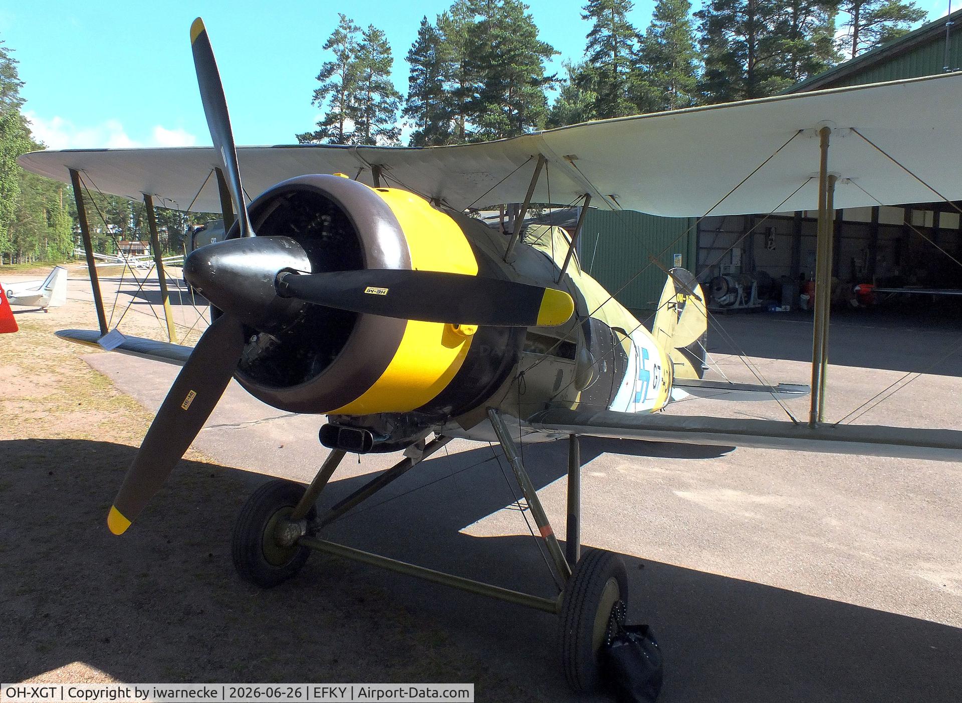 Aircraft OH-XGT, 1936 Gloster Gauntlet Mk.II, c/n G5/35957, Gloster Gauntlet II at the Karhulan ilmailukerhon lentomuseo (Karhula Aero Club Flying Museum), Kymi airfield, Kotka, at EFKY, photo by iwarnecke