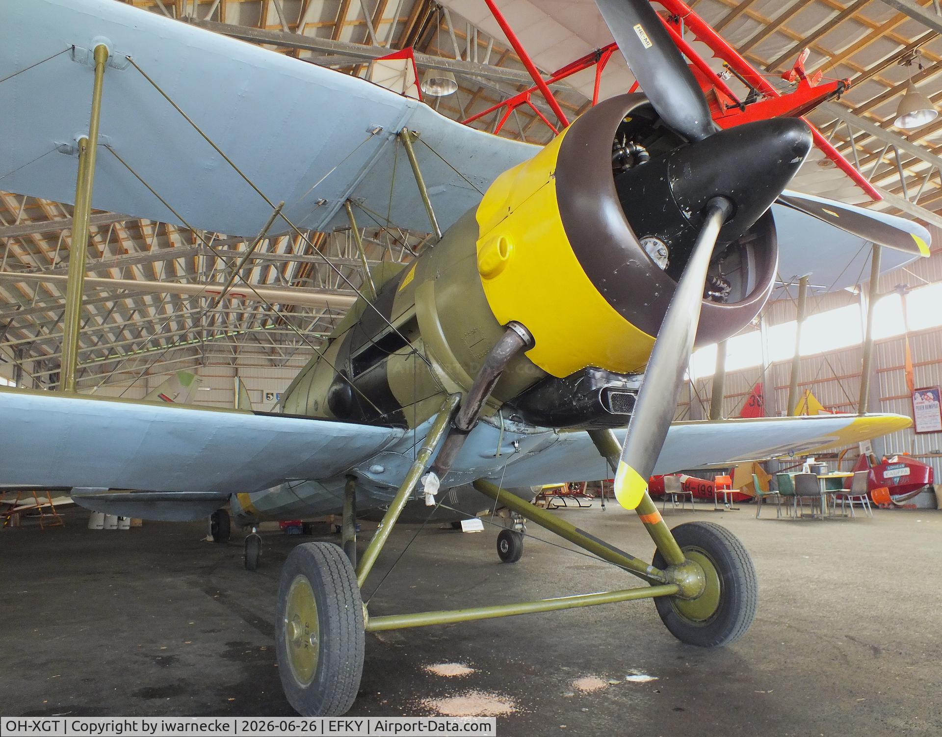 Aircraft OH-XGT, 1936 Gloster Gauntlet Mk.II, c/n G5/35957, Gloster Gauntlet II at the Karhulan ilmailukerhon lentomuseo (Karhula Aero Club Flying Museum), Kymi airfield, Kotka, at EFKY, photo by iwarnecke
