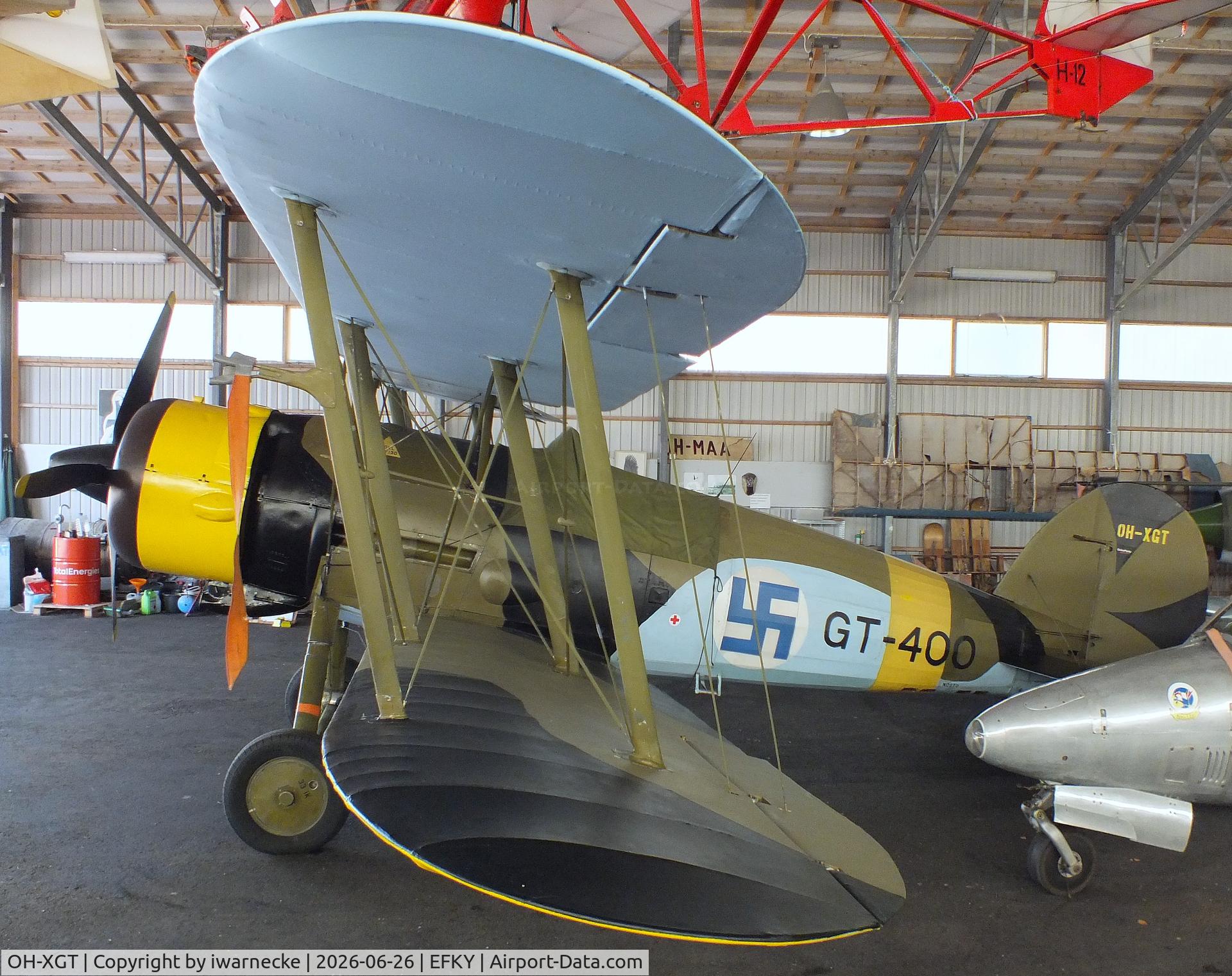 Aircraft OH-XGT, 1936 Gloster Gauntlet Mk.II, c/n G5/35957, Gloster Gauntlet II at the Karhulan ilmailukerhon lentomuseo (Karhula Aero Club Flying Museum), Kymi airfield, Kotka, at EFKY, photo by iwarnecke