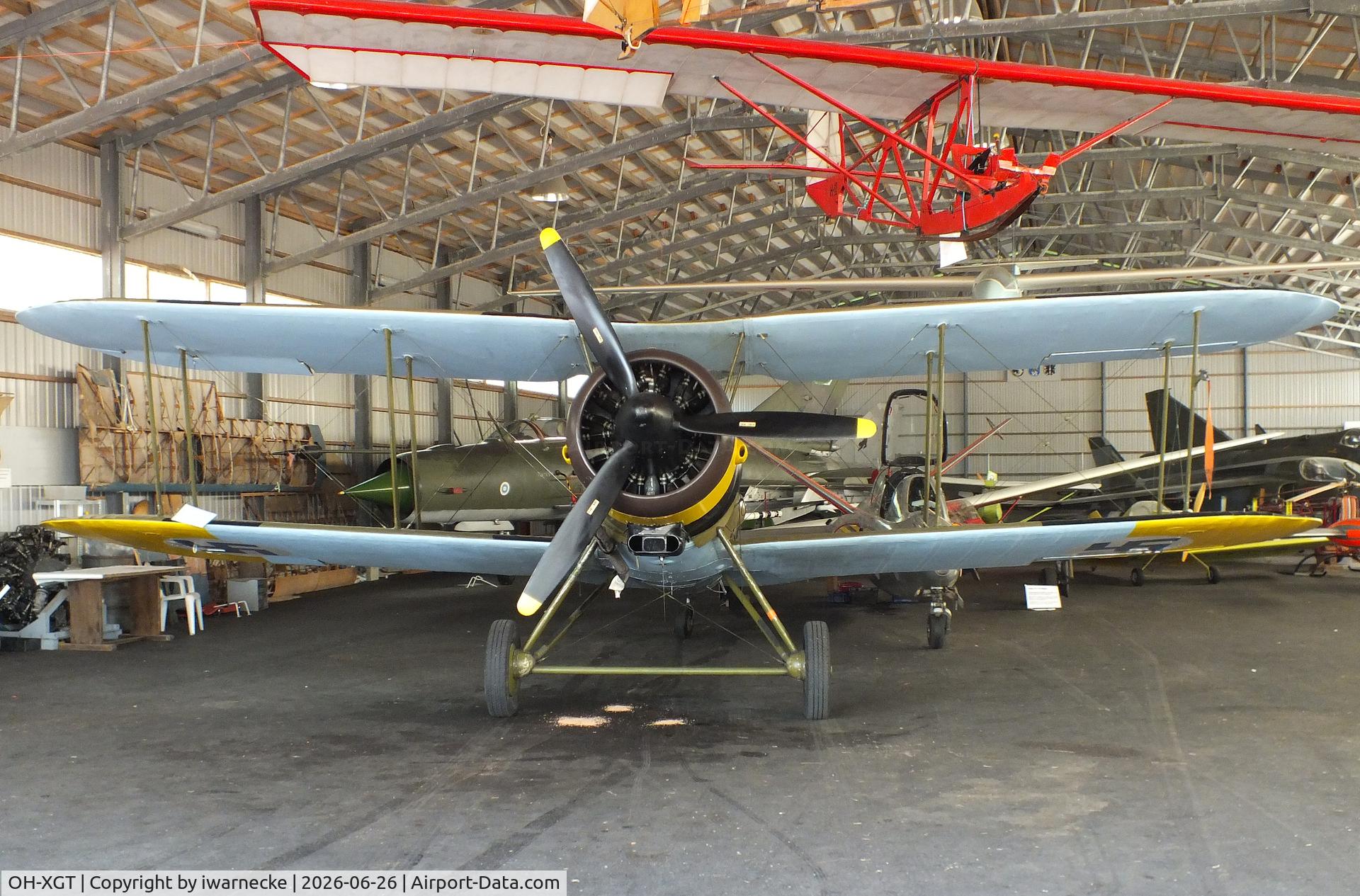 Aircraft OH-XGT, 1936 Gloster Gauntlet Mk.II, c/n G5/35957, Gloster Gauntlet II at the Karhulan ilmailukerhon lentomuseo (Karhula Aero Club Flying Museum), Kymi airfield, Kotka, photo by iwarnecke