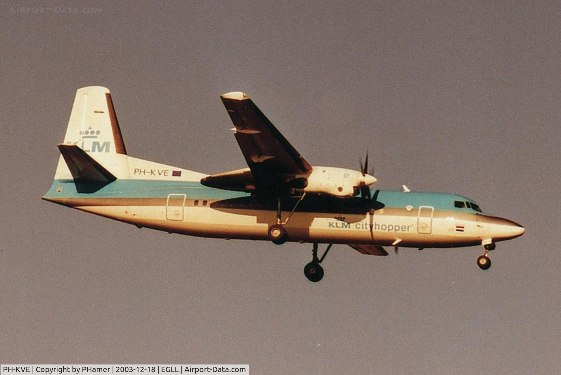 Aircraft PH-KVE, 1990 Fokker 50, c/n 20206, Heathrow, at EGLL, photo by PHamer