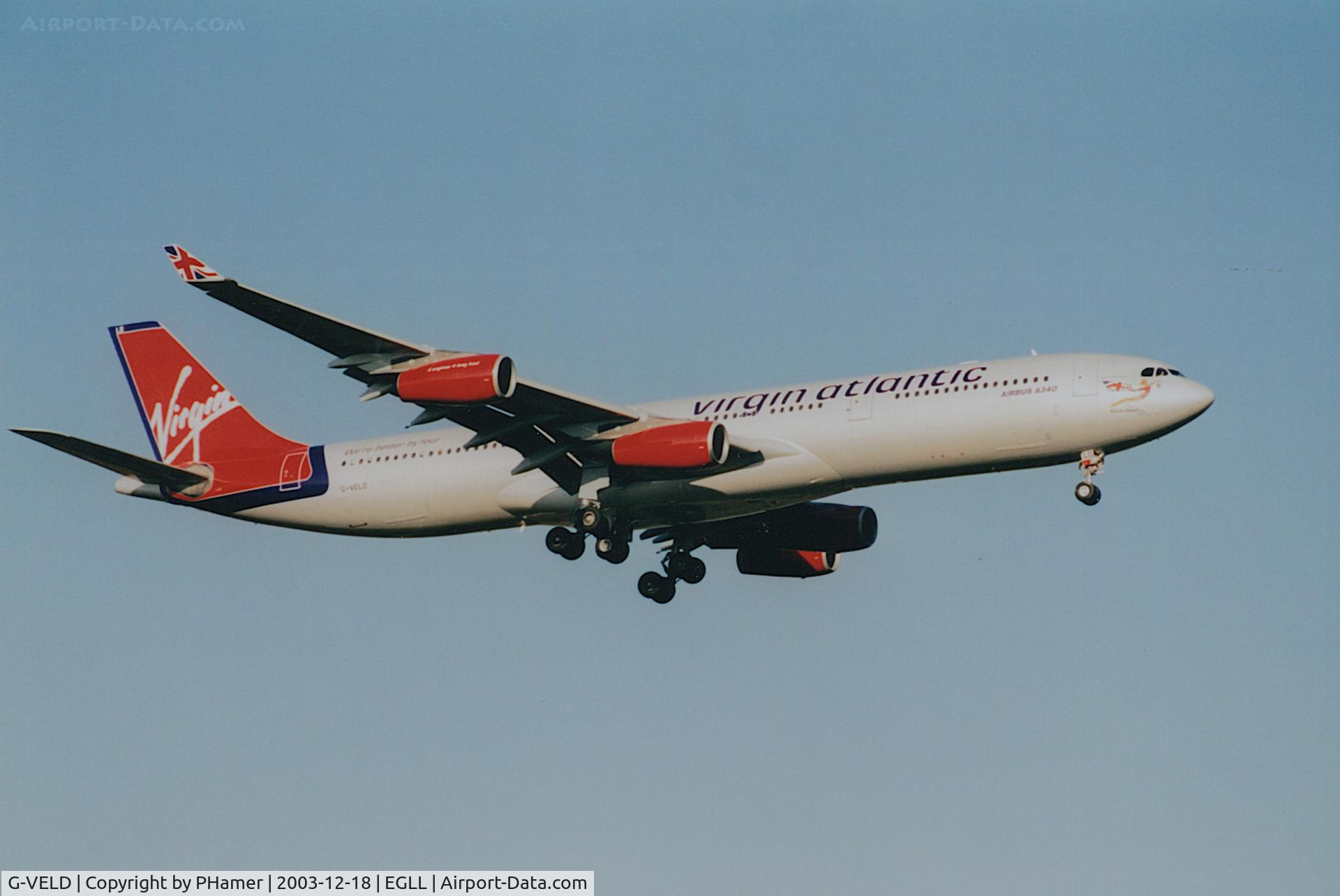 Aircraft G-VELD, 1998 Airbus A340-313X, c/n 214, Heathrow, at EGLL, photo by PHamer
