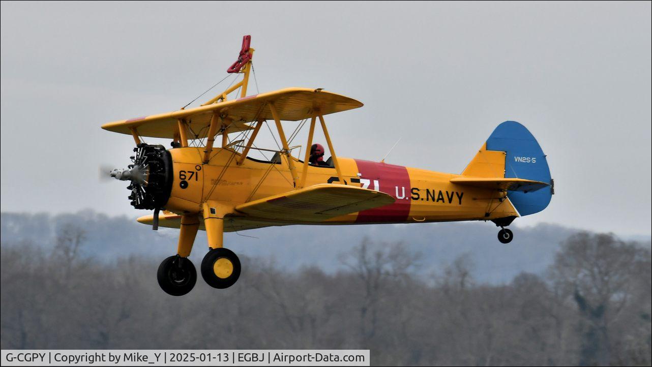 Aircraft G-CGPY, 1945 Boeing E75N1, c/n 75-5303, Boeing E75N1 Stearman arriving at Gloucestershire Airport, at EGBJ, photo by Mike_Y