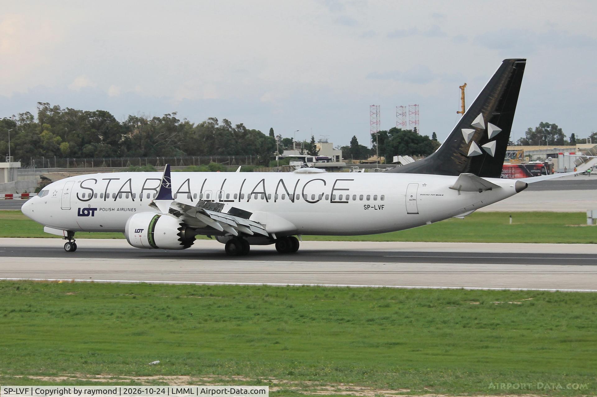 Aircraft SP-LVF, 2021 Boeing 737-8 MAX, c/n 43320 l/n 7276, Boeing 737-8 MAX reg SP-LVF of LOT Polish Airlines in Star Alliance livery slowing down on RW31 after landing in Malta., at LMML, photo by raymond