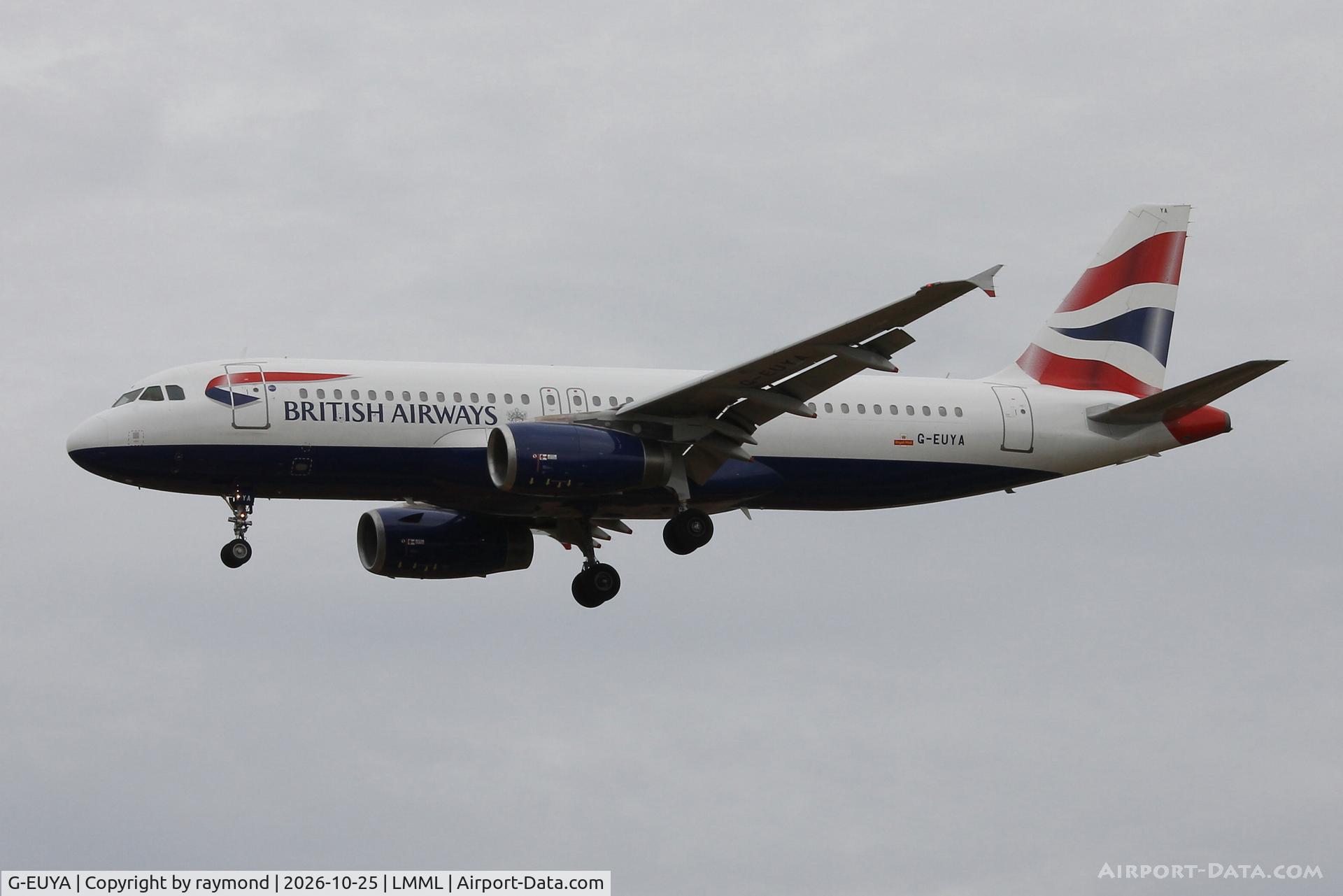 Aircraft G-EUYA, 2008 Airbus A320-232, c/n 3697, Airbus A320-232 reg G-EUYA of British Airways approaching RW31 MLA., at LMML, photo by raymond