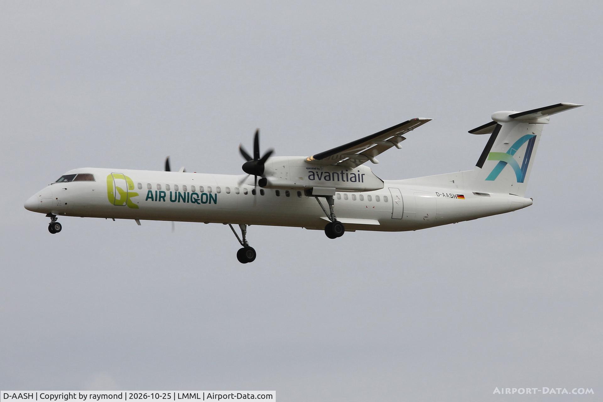 Aircraft D-AASH, 2008 De Havilland Canada DHC-8-400 Dash 8, c/n 4187, De Havilland Canada DHC-8-402Q Dash 8 reg D-AASH of Uniqon Air on final approach for RW31 MLA., at LMML, photo by raymond