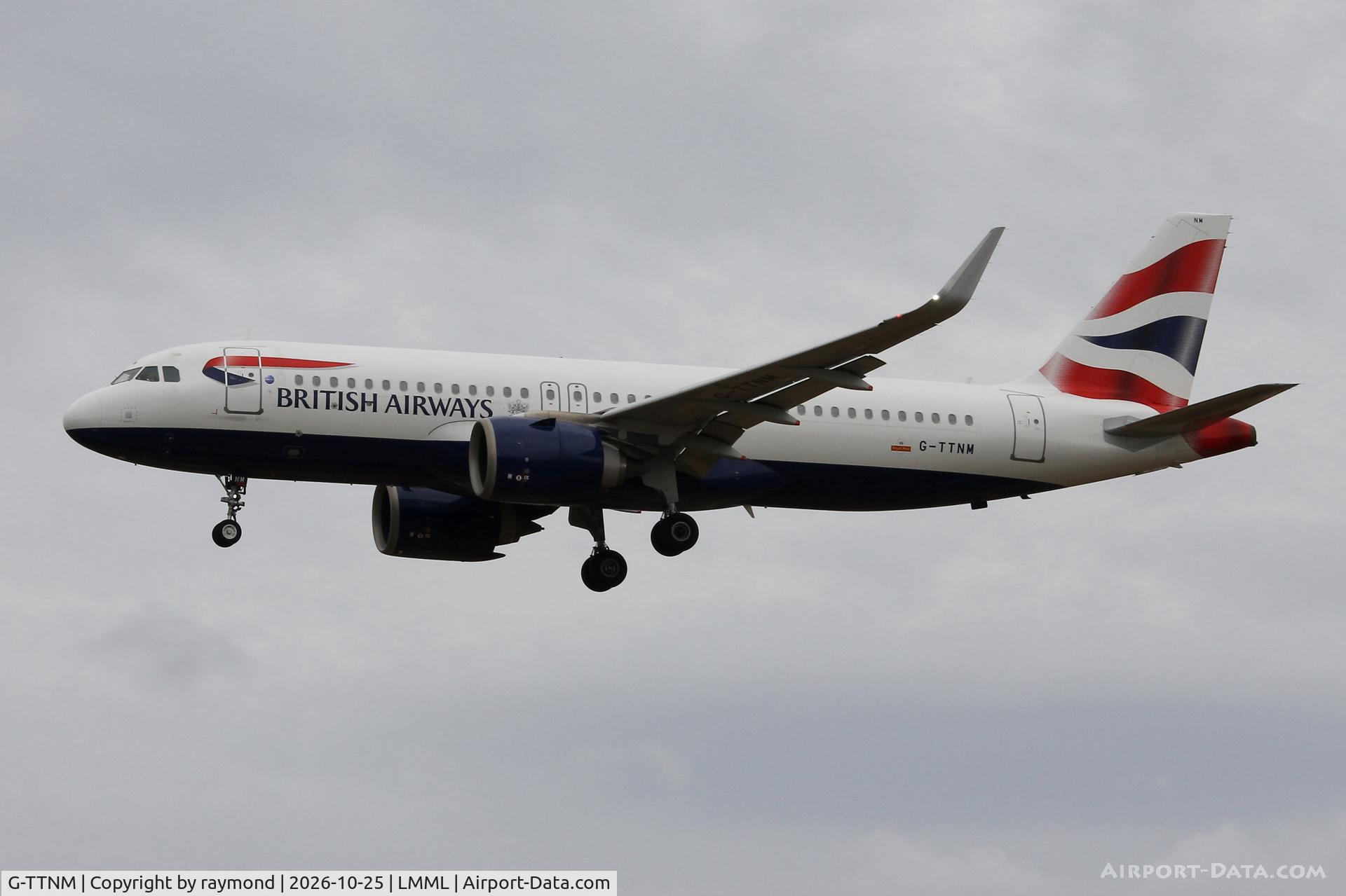 Aircraft G-TTNM, 2020 Airbus A320-251N, c/n 10144, Airbus A320-251N reg G-TTNM of British Airways approaching RW31 MLA., at LMML, photo by raymond