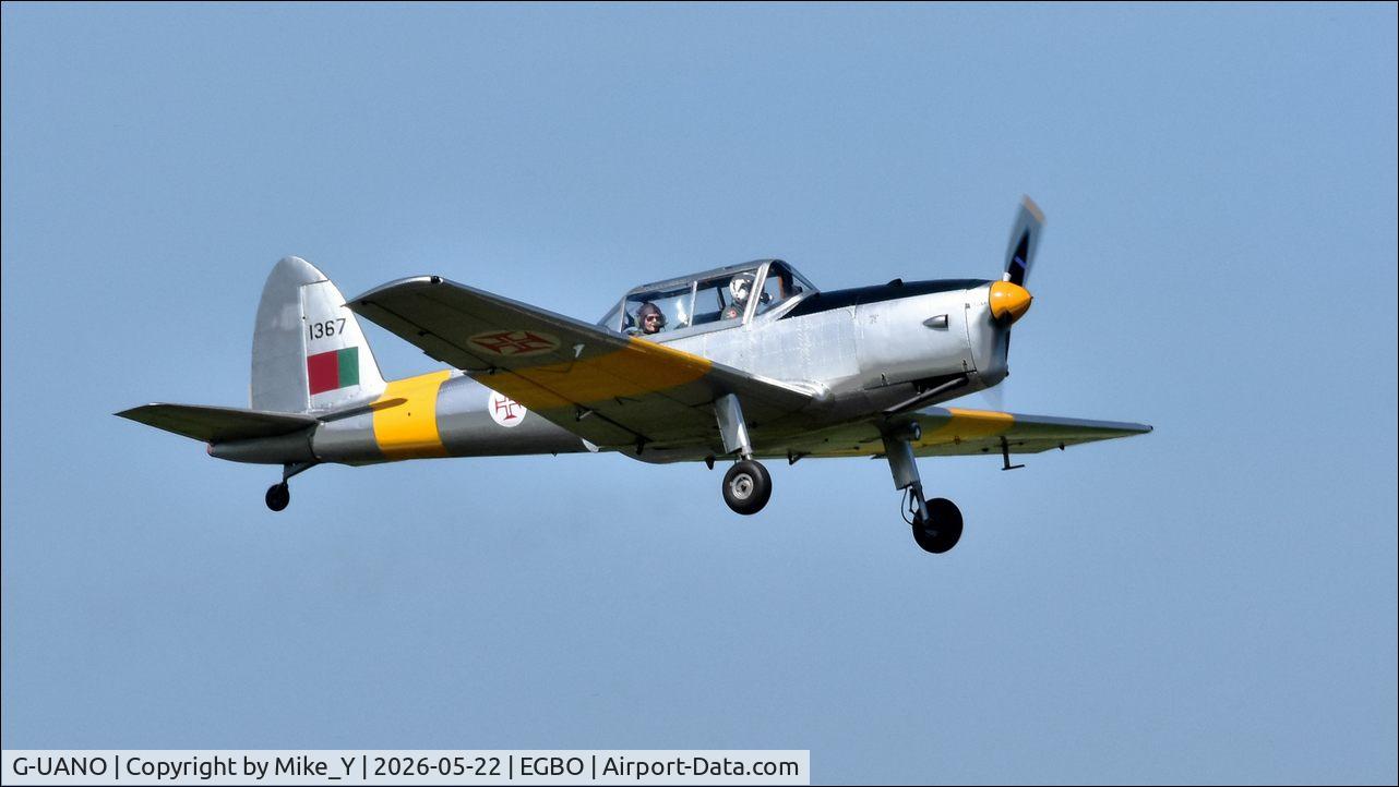 Aircraft G-UANO, 1959 OGMA DHC-1 Chipmunk T.20, c/n OGMA-57, DHC-1 Chipmunk T20 departing Halfpenny Green airport following the Chipmunk 80th anniversary fly-in, at EGBO, photo by Mike_Y