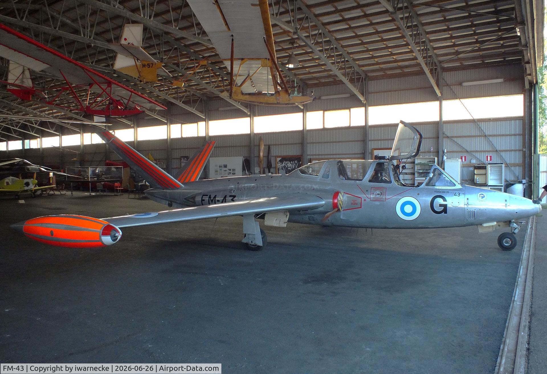 Aircraft FM-43, Fouga (Valmet) CM-170R Magister, c/n FM-43, Fouga (Valmet) CM.170R Magister at the Karhulan ilmailukerhon lentomuseo (Karhula Aero Club Flying Museum), Kymi airfield, Kotka, photo by iwarnecke