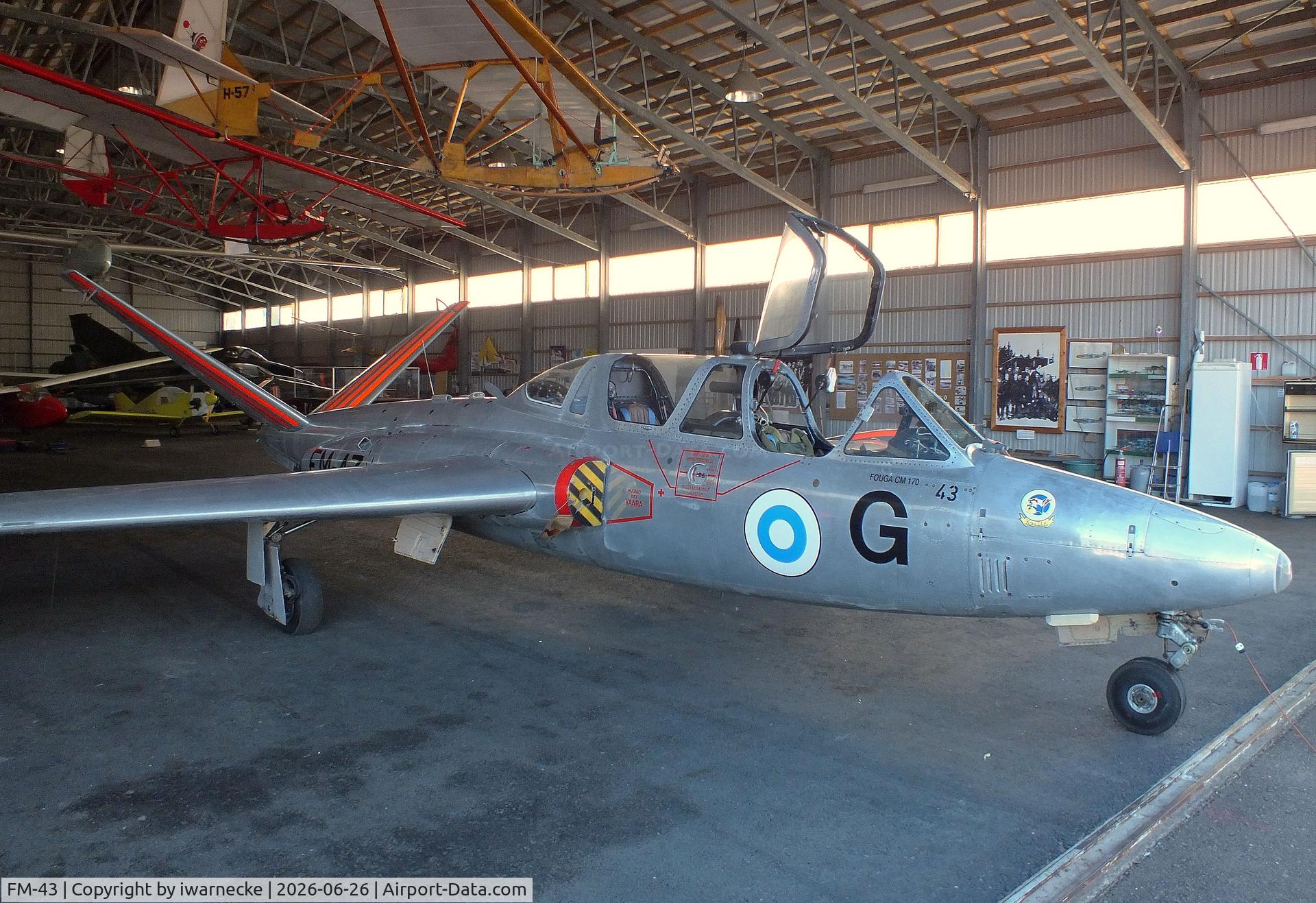 Aircraft FM-43, Fouga (Valmet) CM-170R Magister, c/n FM-43, Fouga (Valmet) CM.170R Magister at the Karhulan ilmailukerhon lentomuseo (Karhula Aero Club Flying Museum), Kymi airfield, Kotka, photo by iwarnecke