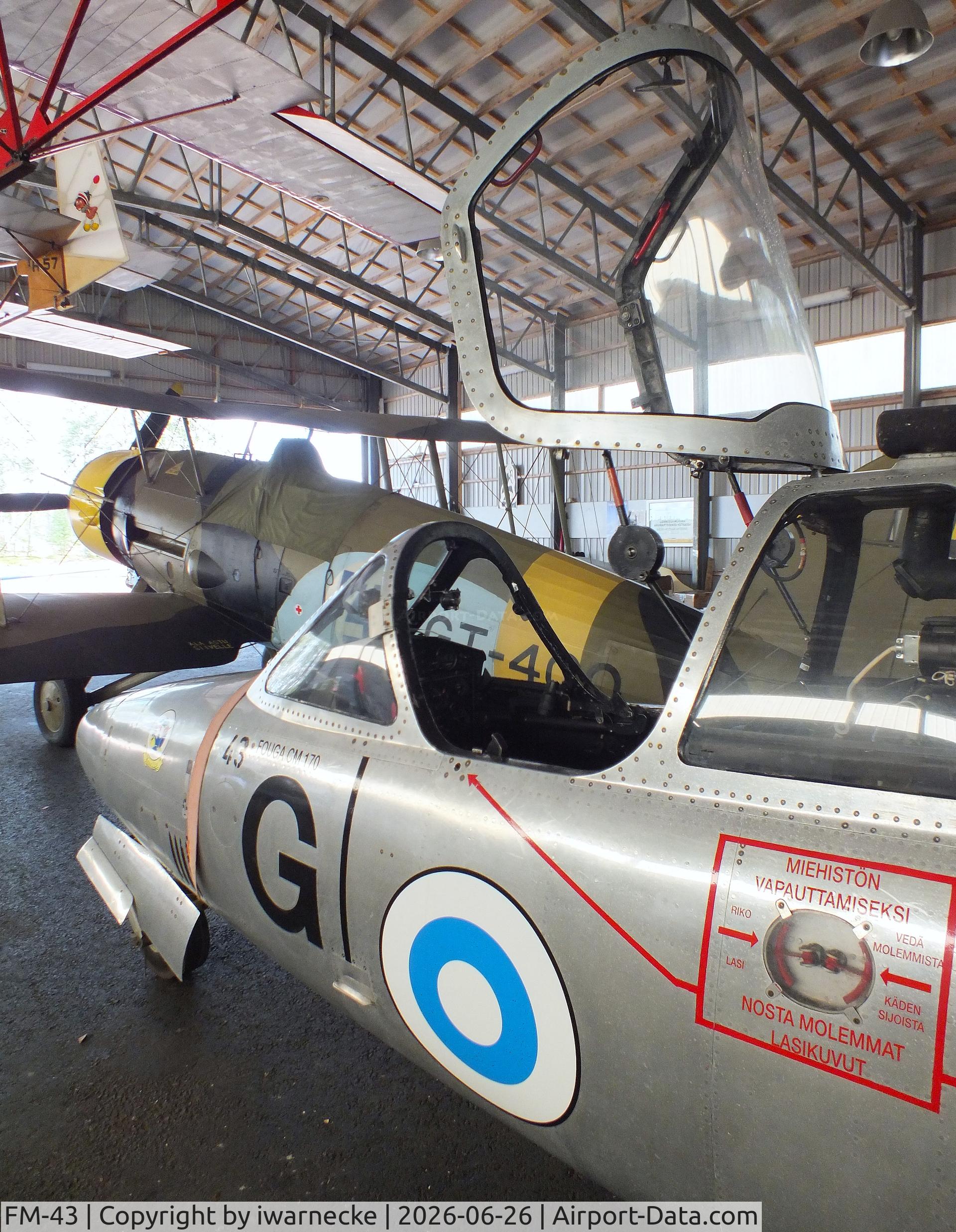 Aircraft FM-43, Fouga (Valmet) CM-170R Magister, c/n FM-43, Fouga (Valmet) CM.170R Magister at the Karhulan ilmailukerhon lentomuseo (Karhula Aero Club Flying Museum), Kymi airfield, Kotka, photo by iwarnecke