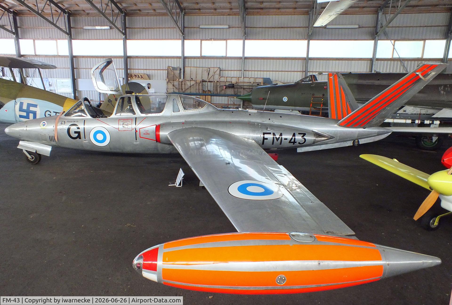 Aircraft FM-43, Fouga (Valmet) CM-170R Magister, c/n FM-43, Fouga (Valmet) CM.170R Magister at the Karhulan ilmailukerhon lentomuseo (Karhula Aero Club Flying Museum), Kymi airfield, Kotka, photo by iwarnecke