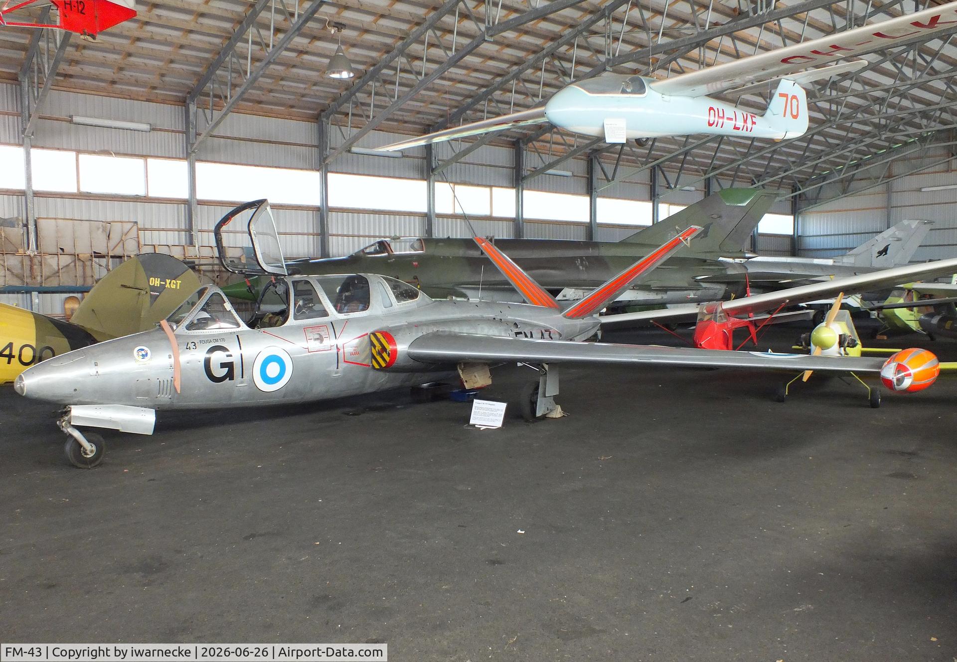 Aircraft FM-43, Fouga (Valmet) CM-170R Magister, c/n FM-43, Fouga (Valmet) CM.170R Magister at the Karhulan ilmailukerhon lentomuseo (Karhula Aero Club Flying Museum), Kymi airfield, Kotka, photo by iwarnecke