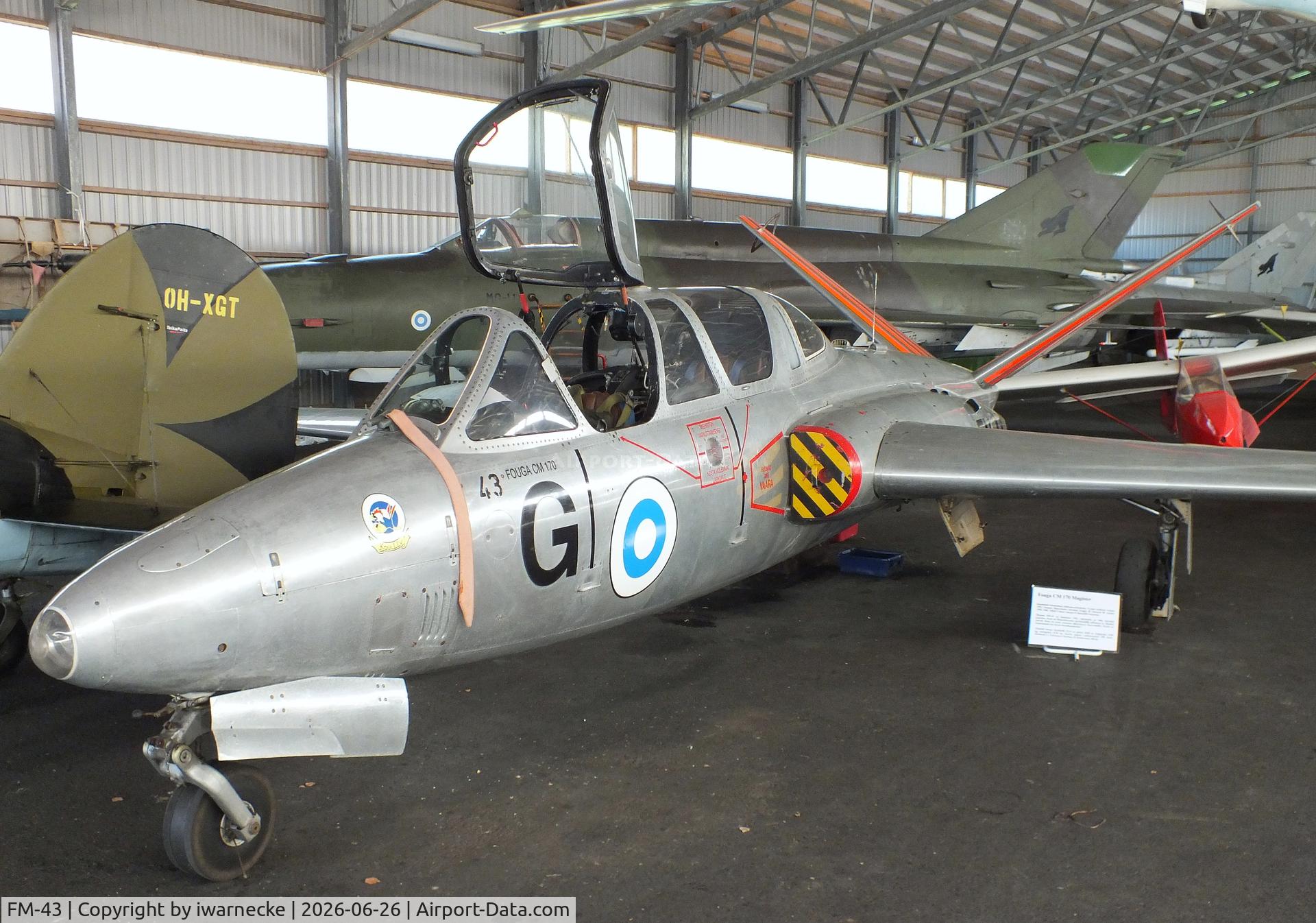 Aircraft FM-43, Fouga (Valmet) CM-170R Magister, c/n FM-43, Fouga (Valmet) CM.170R Magister at the Karhulan ilmailukerhon lentomuseo (Karhula Aero Club Flying Museum), Kymi airfield, Kotka, photo by iwarnecke