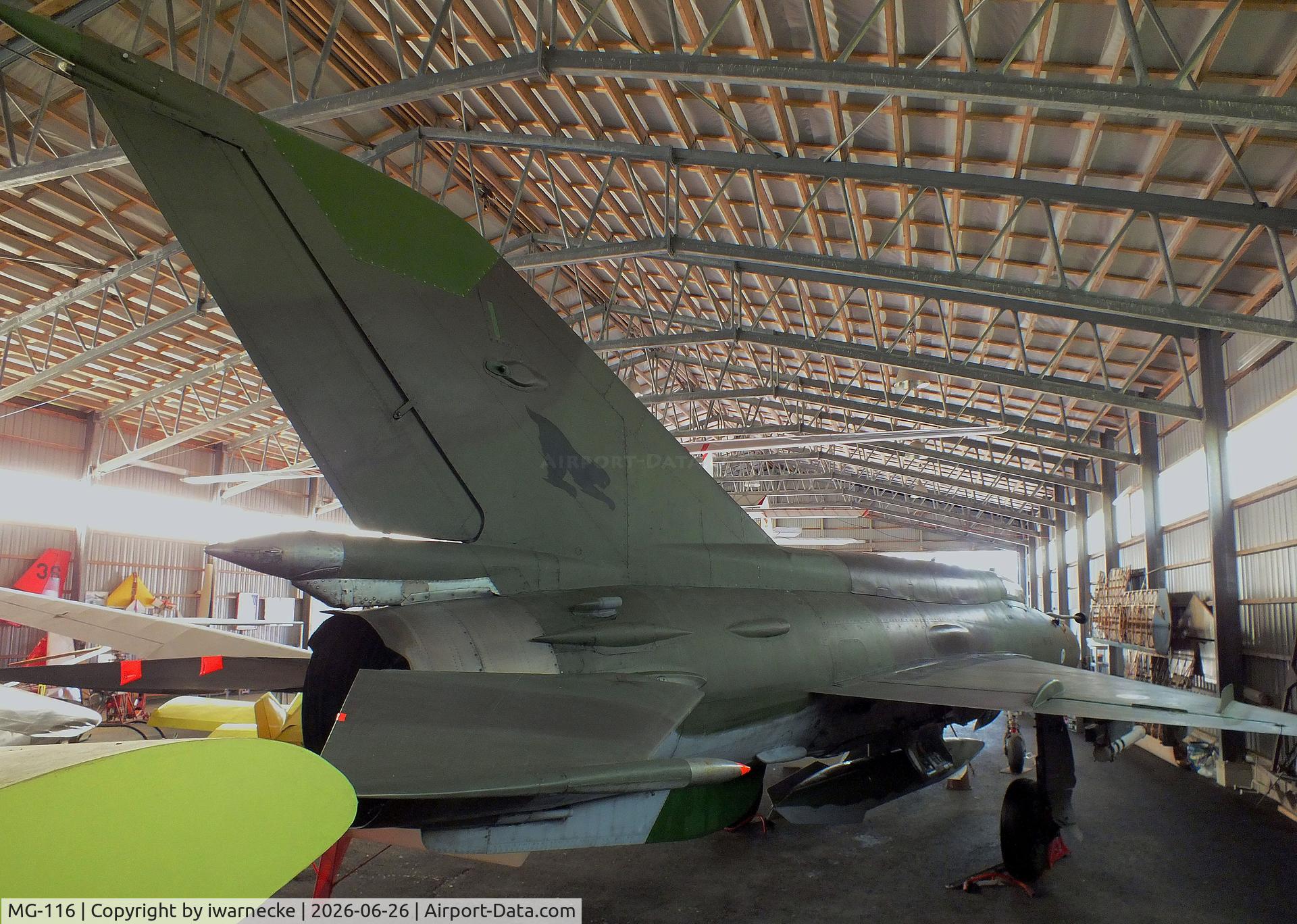Aircraft MG-116, 1980 Mikoyan-Gurevich MiG-21bis-L, c/n N75083895, Mikoyan i Gurevich MiG-21bis-L FISHBED-N at the Karhulan ilmailukerhon lentomuseo (Karhula Aero Club Flying Museum), Kymi airfield, Kotka, photo by iwarnecke