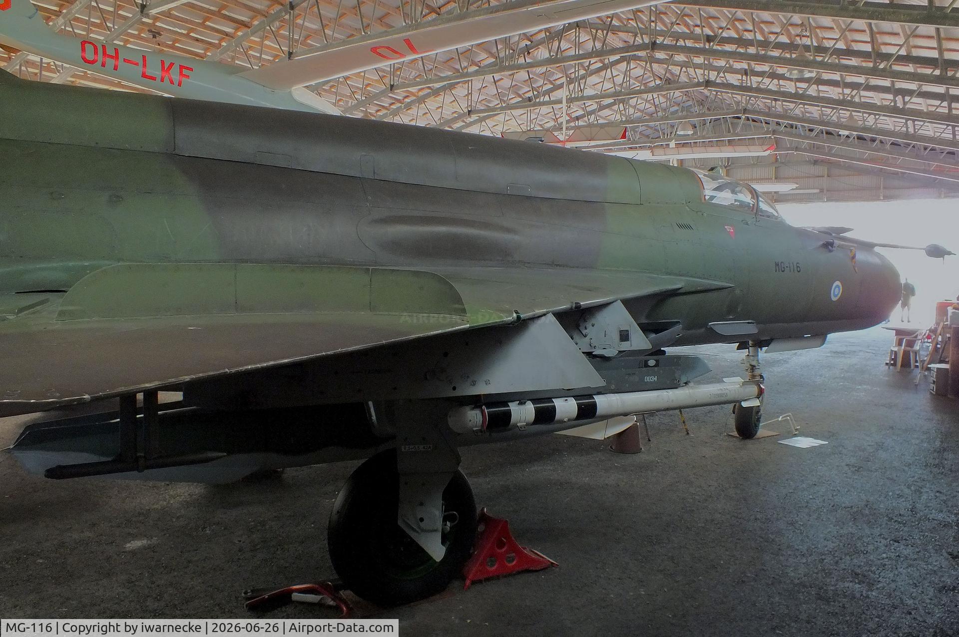 Aircraft MG-116, 1980 Mikoyan-Gurevich MiG-21bis-L, c/n N75083895, Mikoyan i Gurevich MiG-21bis-L FISHBED-N at the Karhulan ilmailukerhon lentomuseo (Karhula Aero Club Flying Museum), Kymi airfield, Kotka, photo by iwarnecke